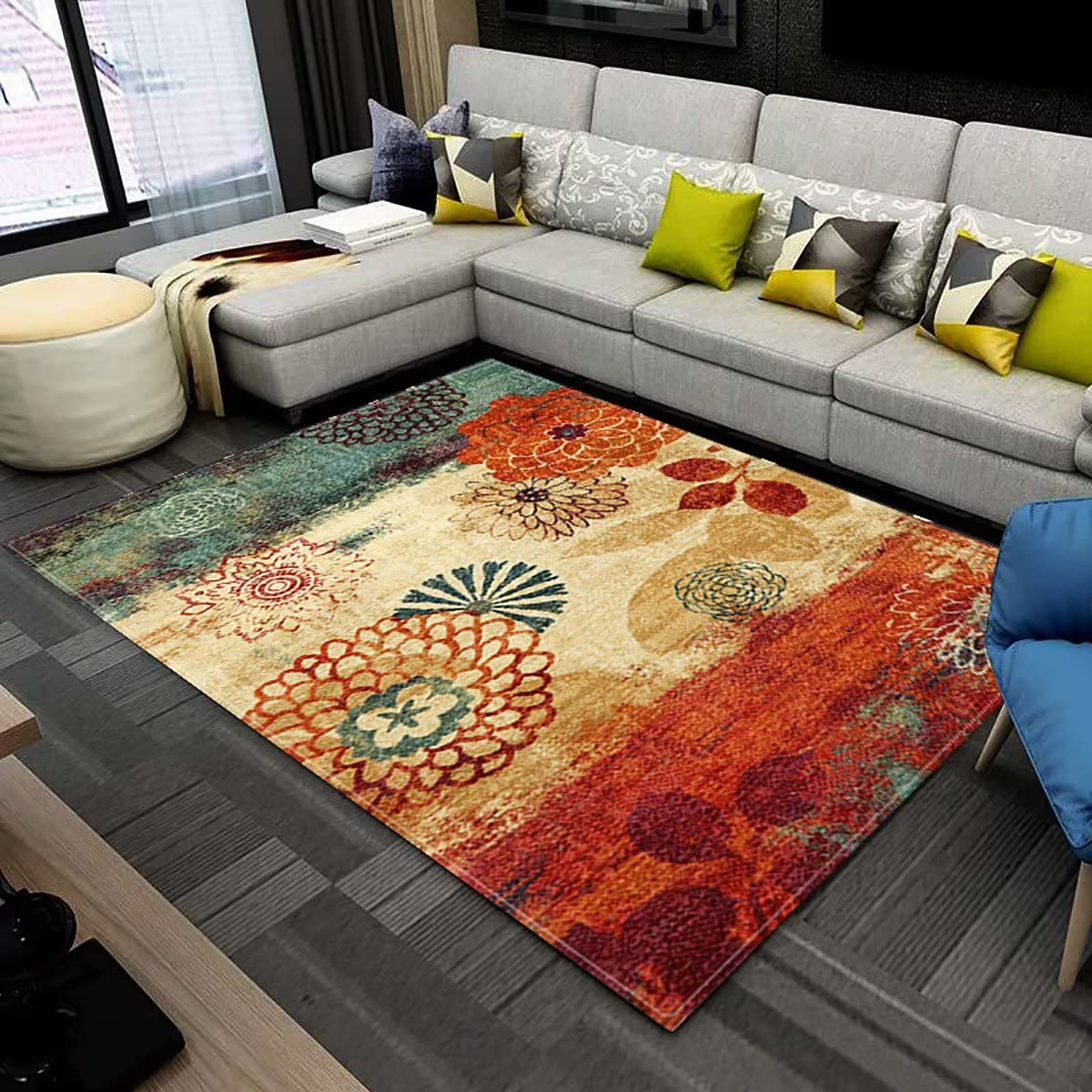 Modern Floral Area Rug 5'x8' - Extra Large Soft Floor Carpet with Blooming Flowers Print for Living Room, Bedroom - Multicolor Bohemian Decor for Home & Office