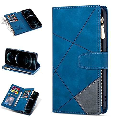 Premium Leather Wallet Case for Samsung Galaxy S22 Ultra - Zipper Pocket with 9 Card Slots, Flip Cover & Handbag Wristlet (Blue) | Perfect for Business, Travel & Everyday Protection