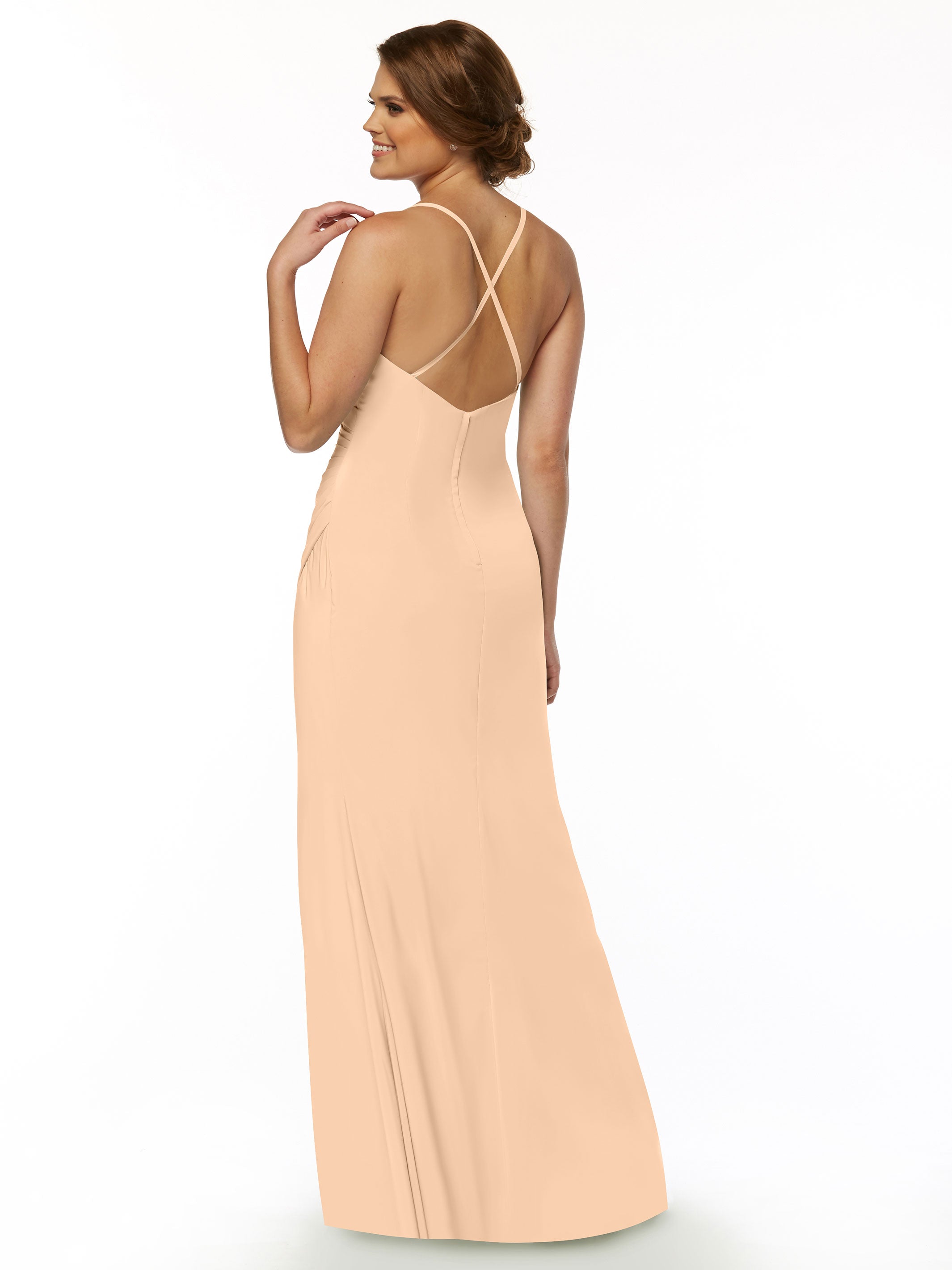 Elegant 80114 Stretch Chiffon Sheath Bridesmaid Dress with Ruching and High Slit - Perfect for Weddings, Formal Events & Evening Parties