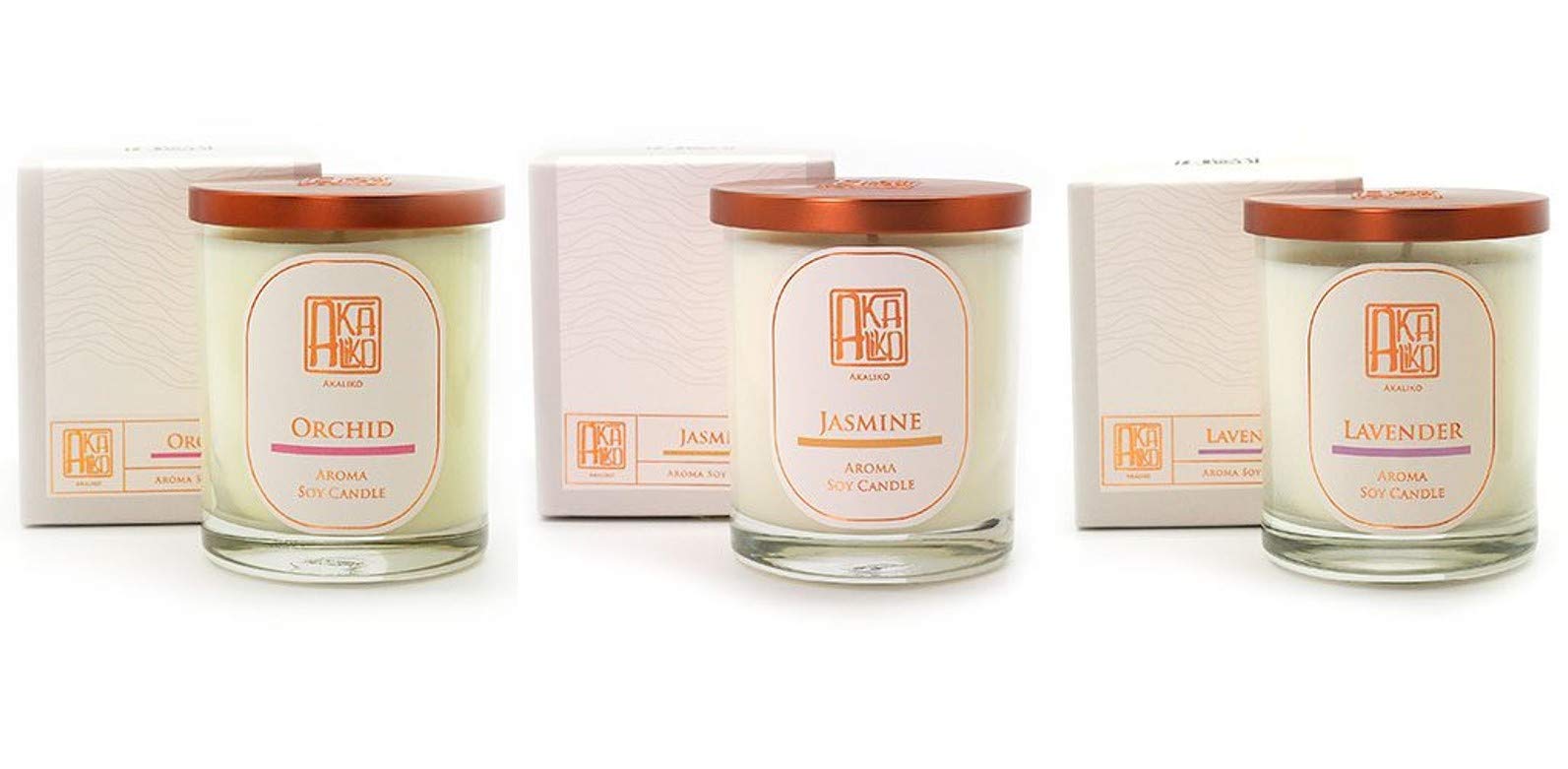 AKALIKO Aromatherapy Soy Candle Set - Orchid, Jasmine & Lavender Scented Candles | Relaxing Home Fragrance for Spa, Yoga & Bedroom Decor