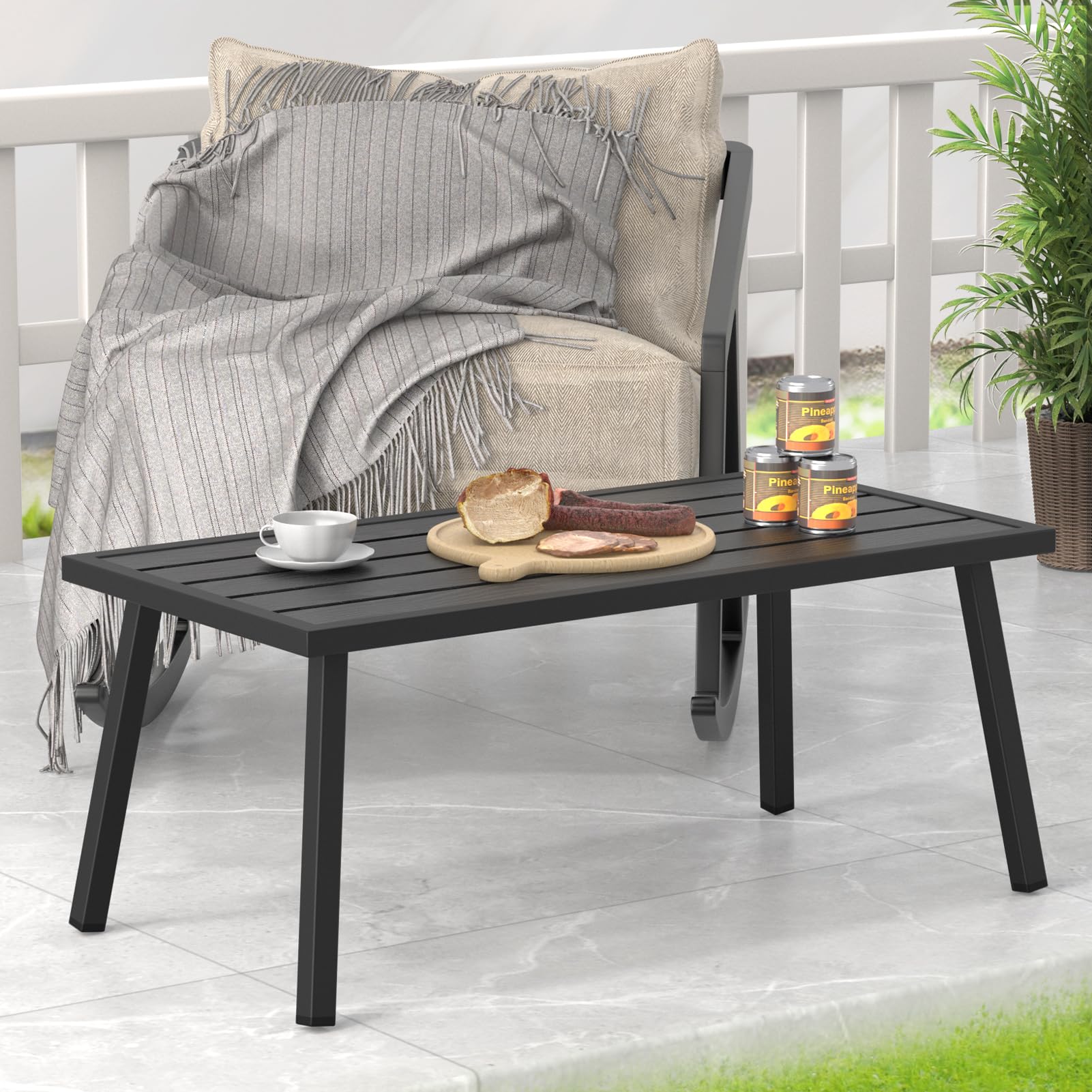 Black Rectangle Small Metal Outdoor Coffee Side Table - Patio Garden Balcony Furniture for Relaxing & Entertaining