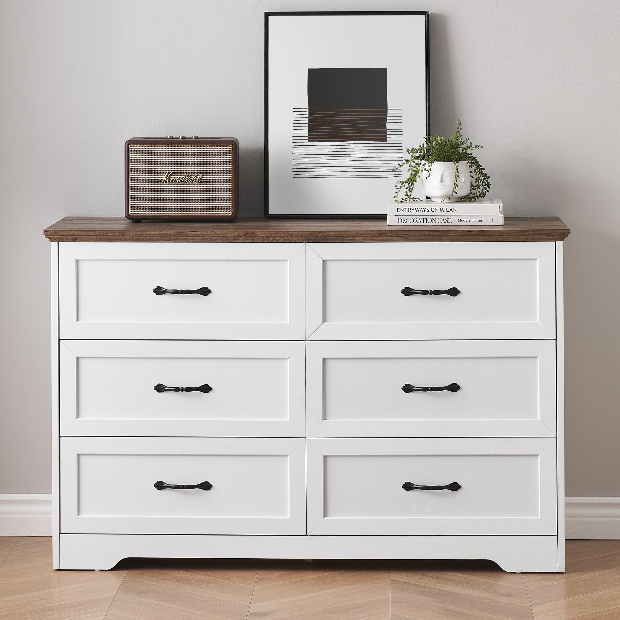 GAOMON 6-Drawer Wooden Dresser with Metal Handles - Farmhouse Style Chest of Drawers for Bedroom & Living Room - Modern Storage Organizer with Anti-Collapse Design - White & Brown Dresser for Hallway, Nursery, or Dorm Room Organization