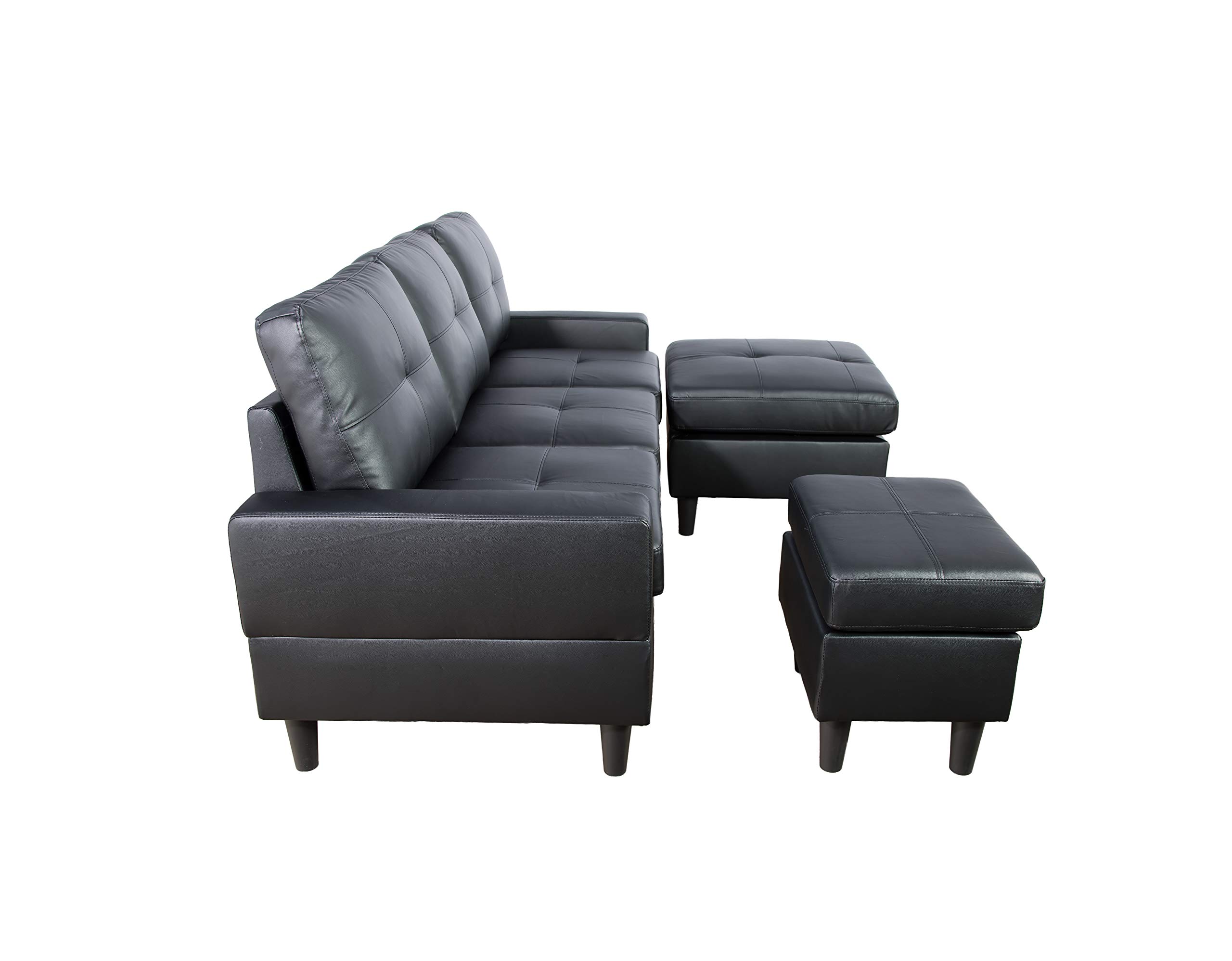 Modern Black Reversible Faux Leather Sectional Sofa with Storage Ottoman - Contemporary Living Room Furniture for Small Spaces, Apartments & Home Theater Seating
