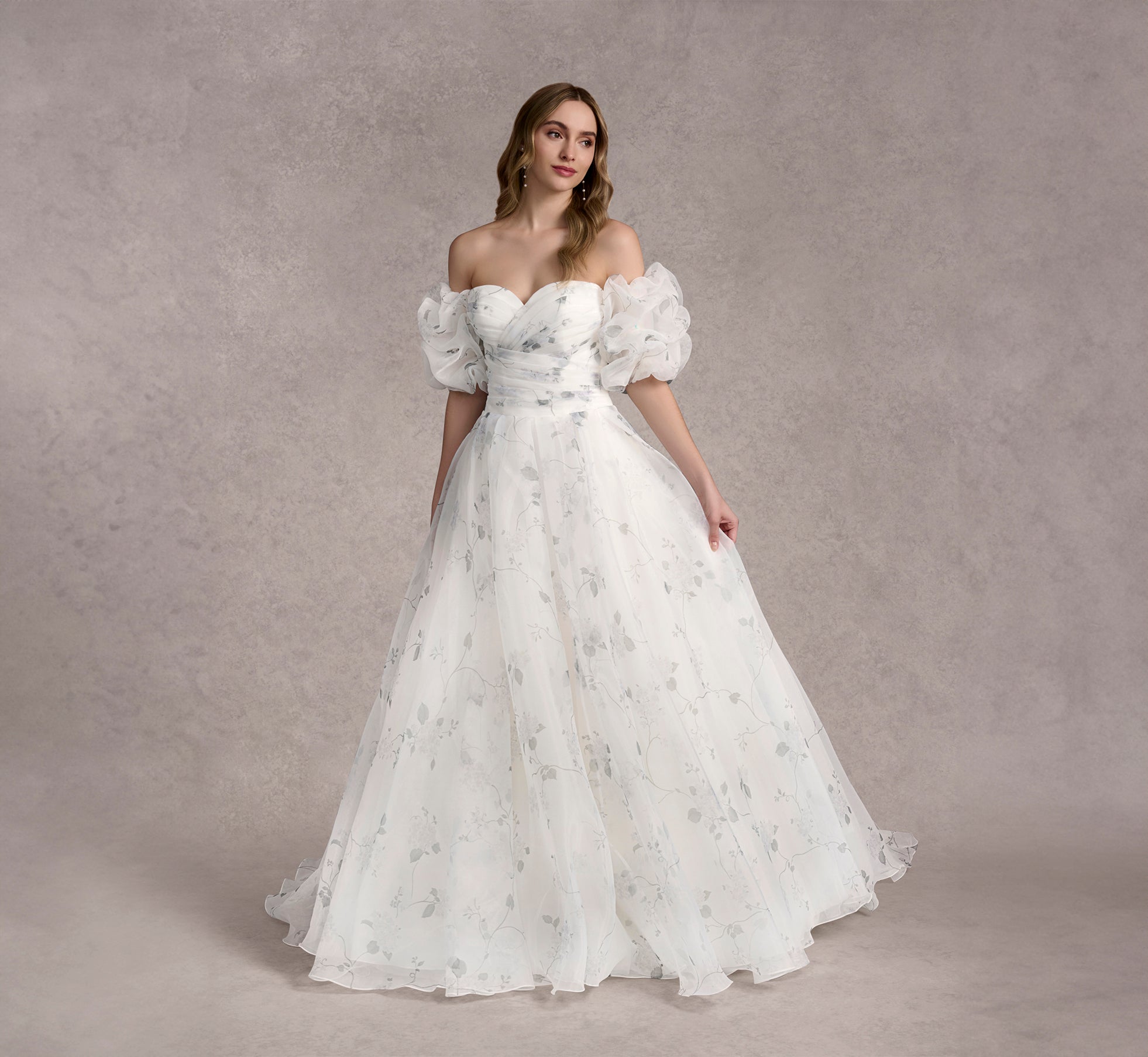 Elegant Ivory Printed Strapless Organza Ball Gown with Detachable Puff Sleeves - Multi-Colored Floral Design for Prom, Wedding & Special Occasions