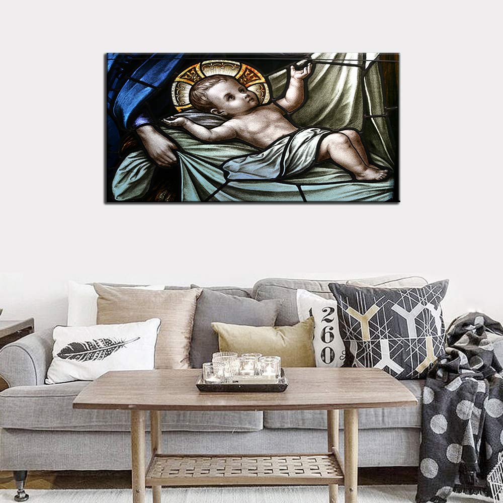 TUMOVO Religious Canvas Wall Art - Baby Jesus Birth & Crucifixion Painting, Framed Stretched Ready to Hang (24x48 inches) - Perfect for Living Room Decor, Church, or Spiritual Home Art