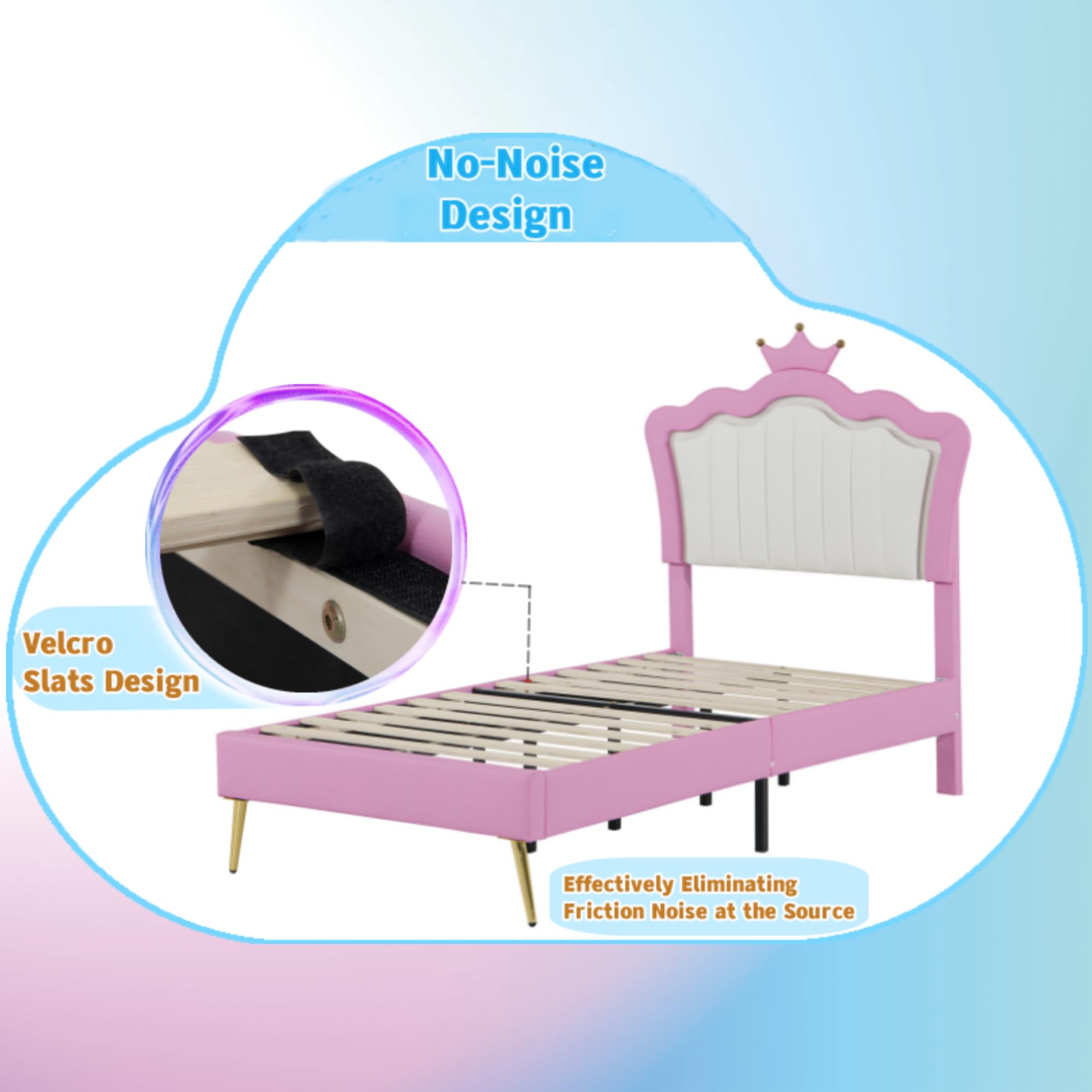 Linique Twin Size Upholstered LED Bed Frame with Crown Headboard - Modern Princess Bed in Pink & White | Perfect for Girls' Bedroom, Teen Room Decor & Fairy Tale Themed Spaces
