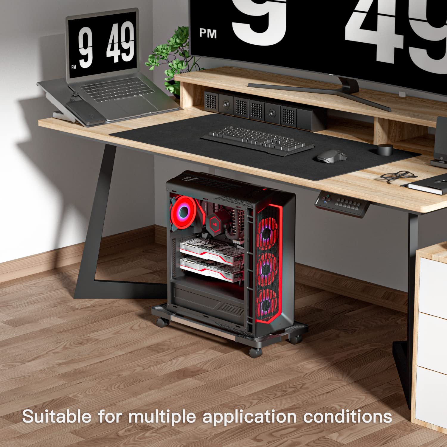 Adjustable Mobile CPU Stand with 4 Locking Caster Wheels - Universal PC Tower Holder for Gaming & Office Desktops | Rolling Computer Cart for Workspace Organization & Easy Mobility (Black)