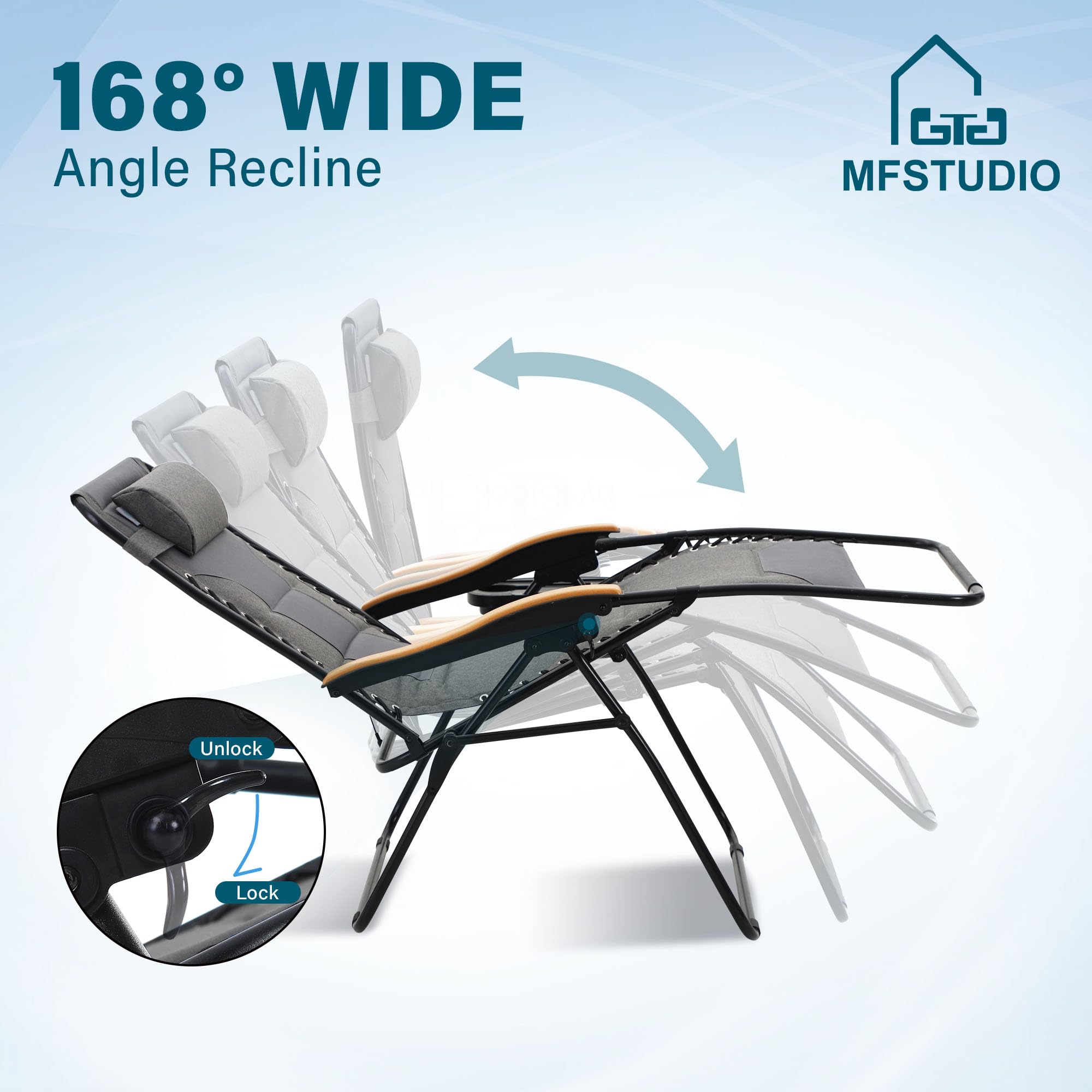MFSTUDIO Zero Gravity Chairs Set of 2 - XL Oversized Outdoor Patio Lounge Chairs with Adjustable Reclining, Padded Headrest & Cup Holder - Supports 400lbs - Light Grey - Perfect for Backyard, Poolside, Camping & Beach Relaxation