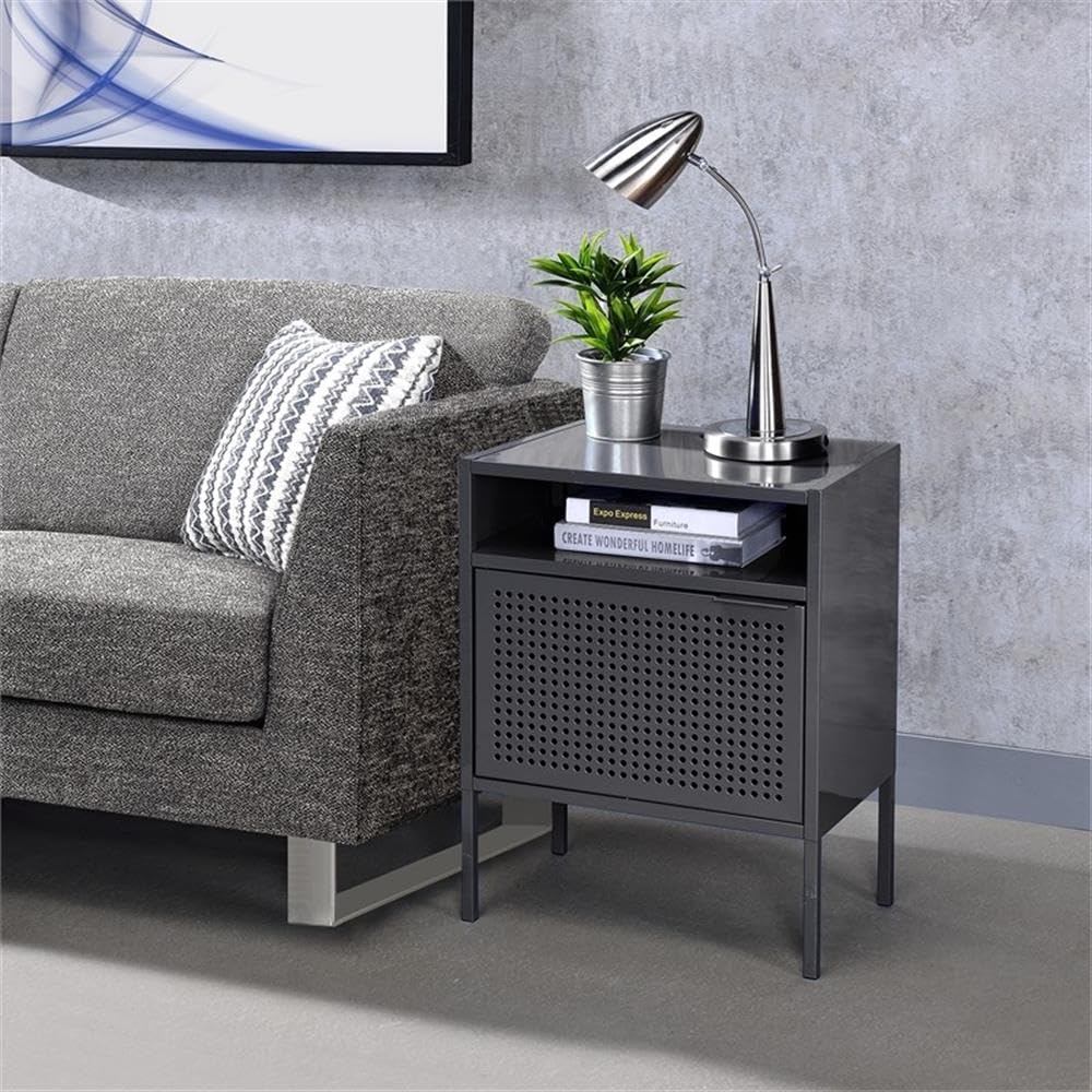 2-Piece Gray Metal Nightstand Set with USB Ports - Modern Bedside Tables for Bedroom, Living Room & Office Storage
