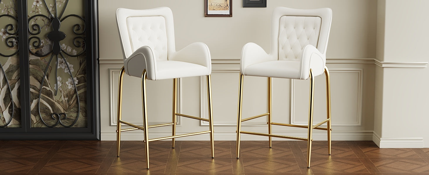 28.75 Inch Counter Height Bar Stools Set of 2 - Velvet Upholstered Bar Chairs with Golden Metal Legs - Perfect for Kitchen Island, Breakfast Nook & Home Bar Decor