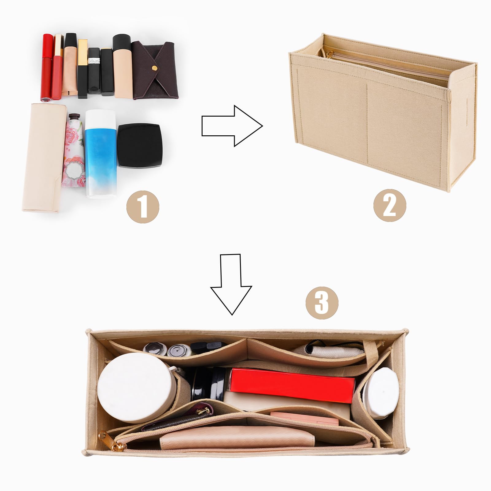 Premium Felt Purse Insert Organizer for Medium Dior Book Tote - Multiple Pockets (Large, Khaki) | Perfect for Travel, Work & Daily Essentials Organization