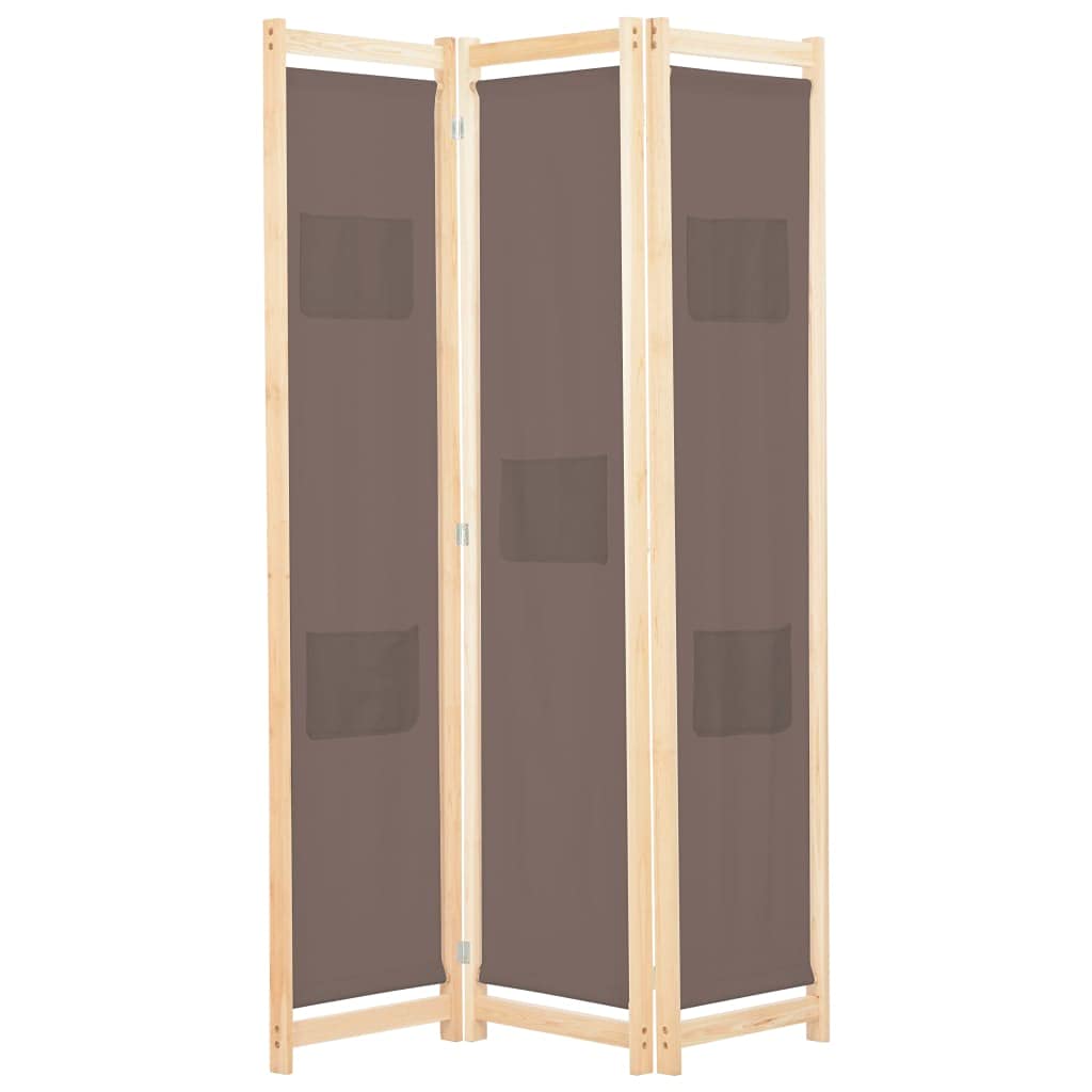 3 Panel Folding Room Divider - Freestanding Privacy Screen for Living Room, Bedroom & Study - Wood Frame with Fabric Panels & 5 Storage Bags - Brown (47.2