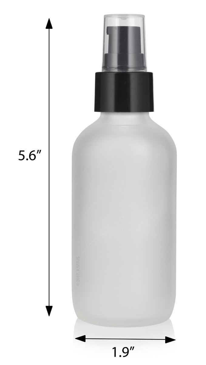 JUVITUS 4 oz Frosted Clear Glass Boston Round Bottle with Black Treatment Pump (6 Pack) + Funnel - Perfect for Essential Oils, Lotions, and DIY Beauty Products Storage