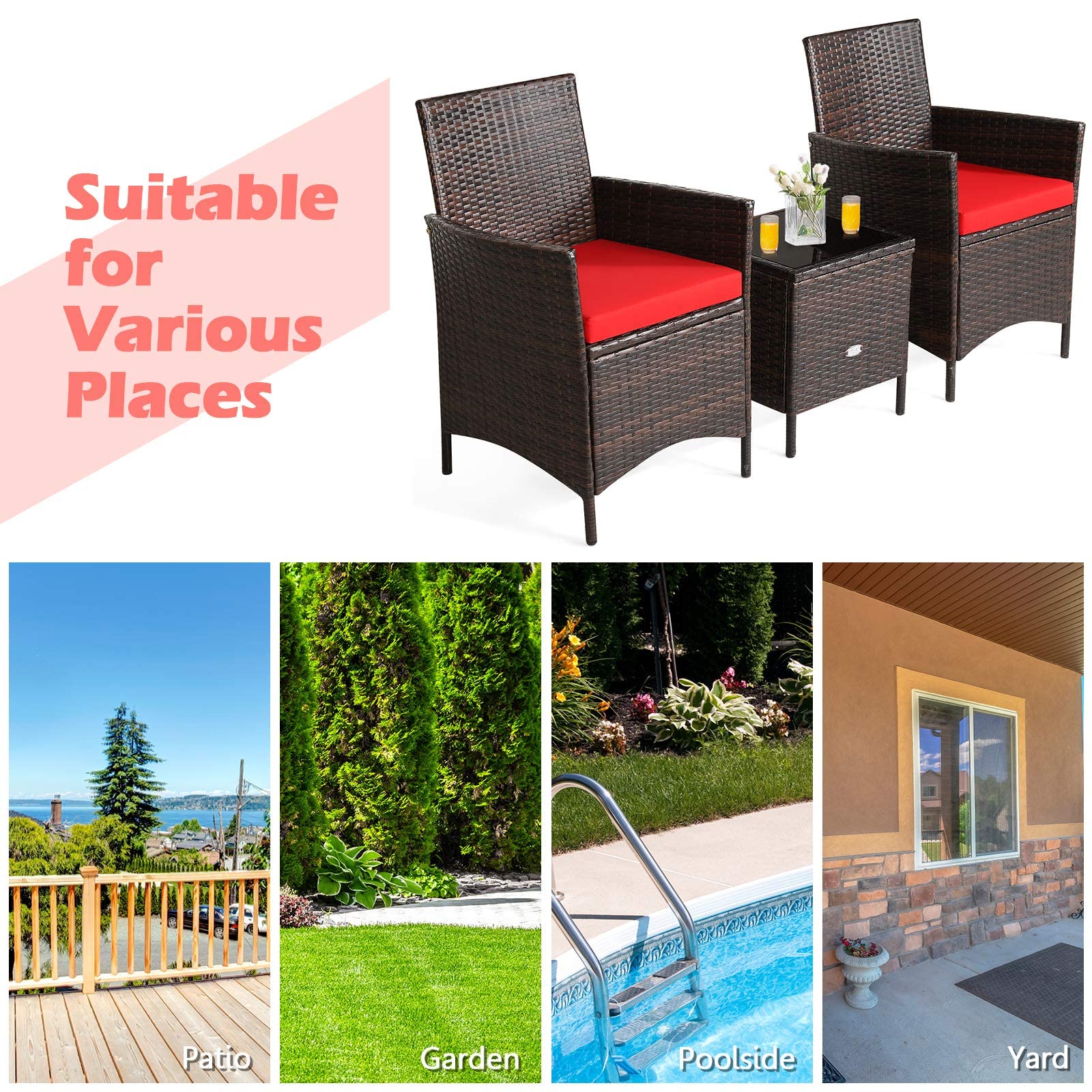 HappyGrill 3-Piece Patio Furniture Set - Wicker Bistro Set with Glass Coffee Table & Cushions, Outdoor Rattan Conversation Set for Garden, Lawn, Poolside, Backyard | Perfect for Relaxing, Entertaining & Outdoor Dining