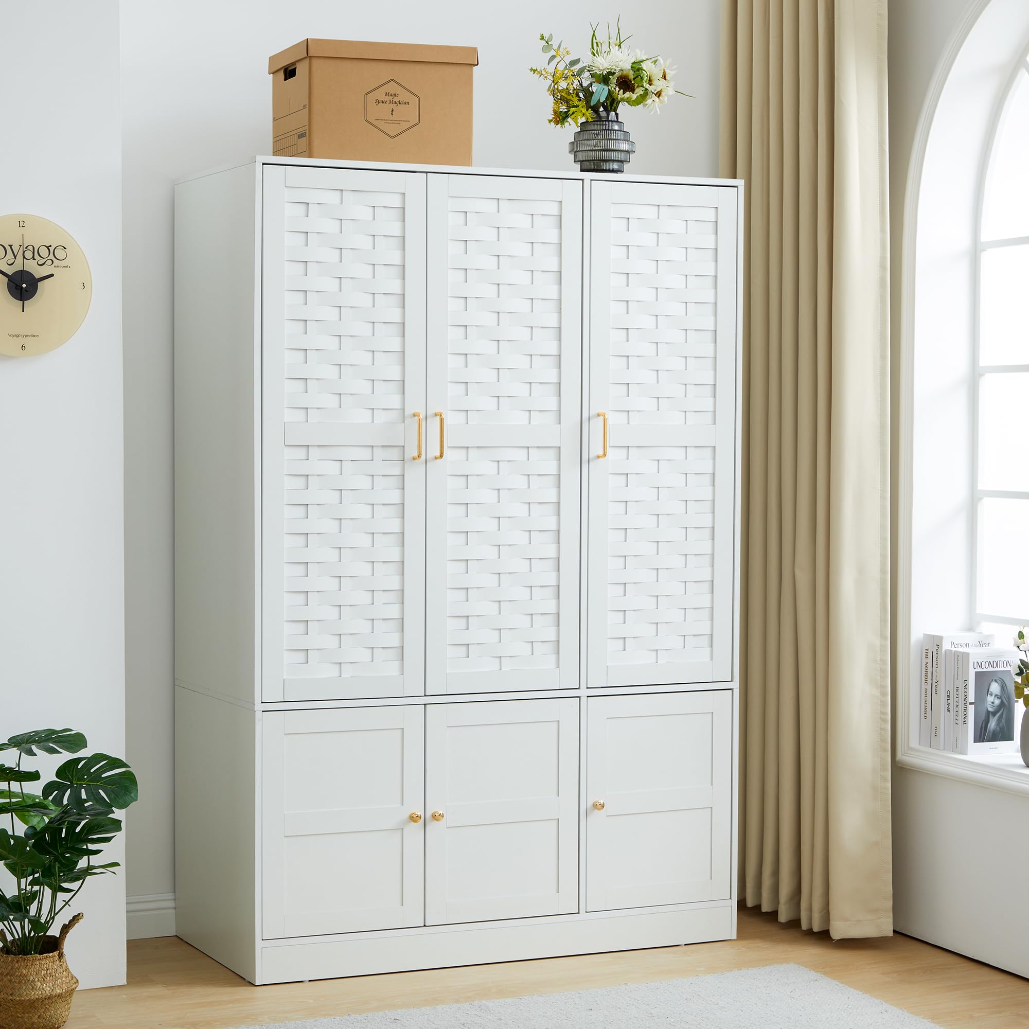 Large White Wooden Armoire Wardrobe with 6 Woven Doors, 8 Shelves & Metal Handles - Spacious Storage Cabinet with Hanging Rod for Bedroom, Closet or Living Room Organization