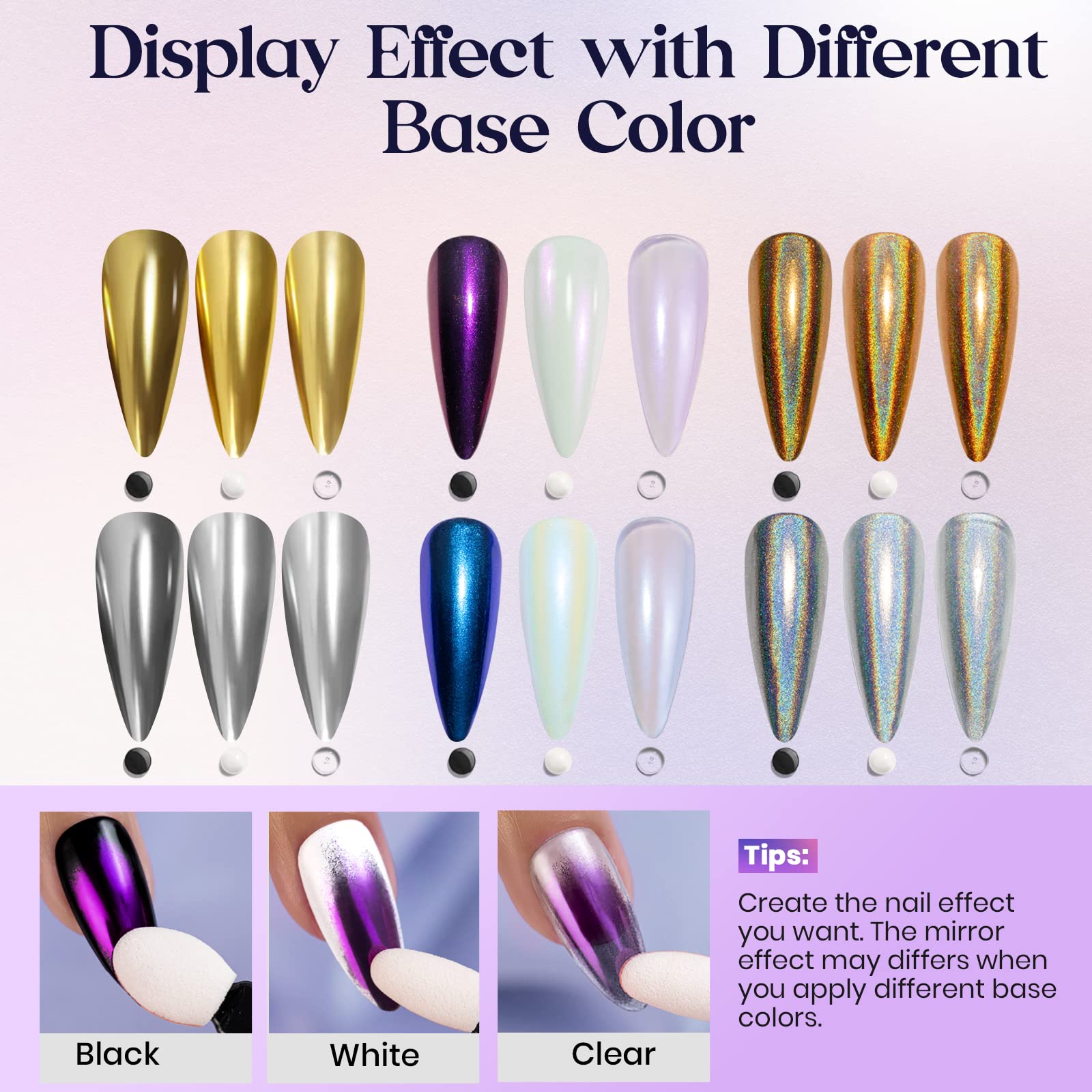 MIZHSE Pearl Chrome Nail Powder - 6 in 1 Iridescent Mermaid Glitter, Holographic Pigment for Nail Art (Aurora Gold, Silver Mirror Powder) | Perfect for Salon, DIY Manicures & Special Occasion Nail Designs