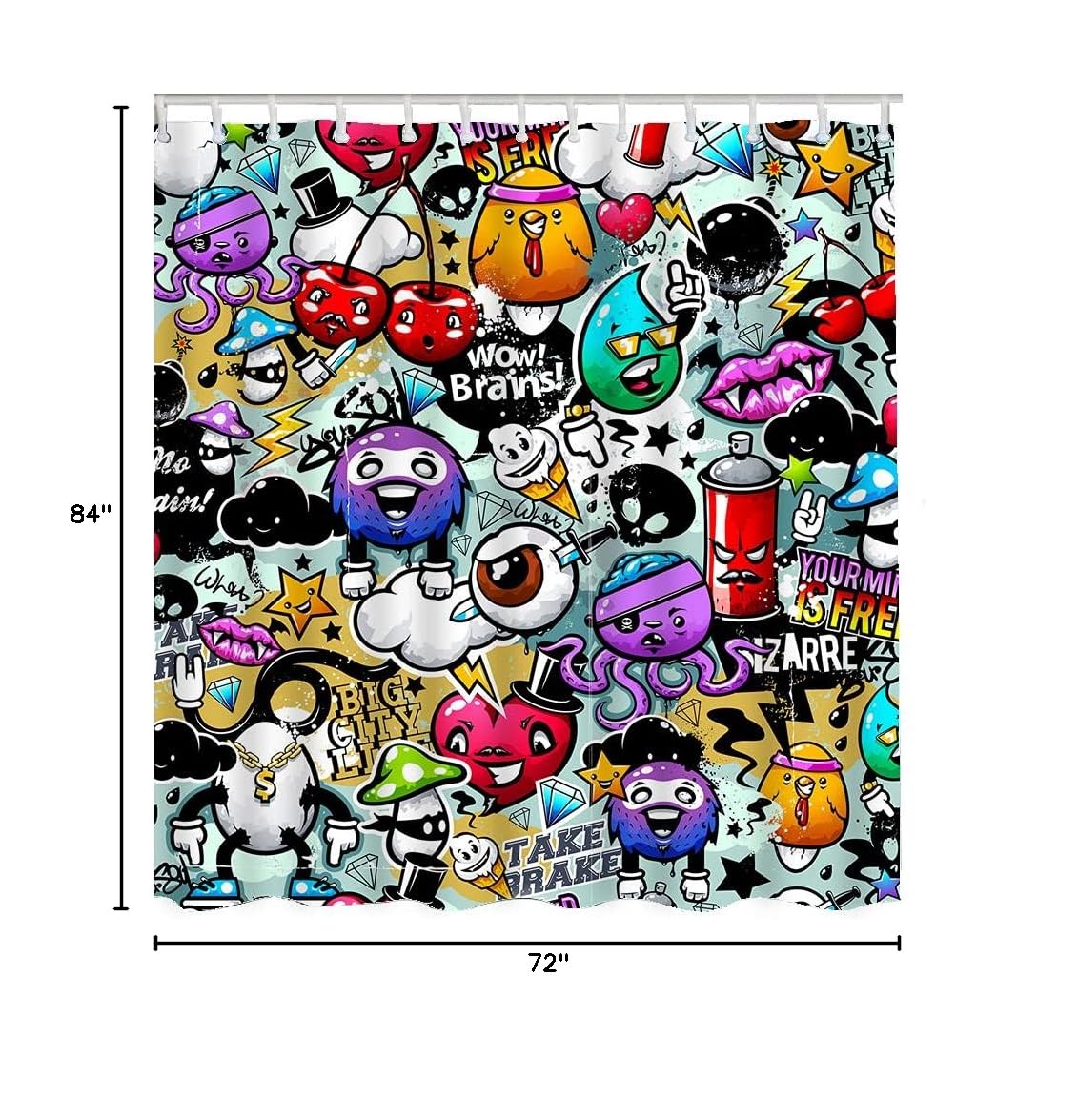 WONDERTIFY Graffiti Shower Curtain - Waterproof Bathroom Decor with Unique Bizarre Elements & Characters - 72x84 Inch for Modern Home & Apartment - Perfect for Teens, Artists & Urban Style Bathrooms