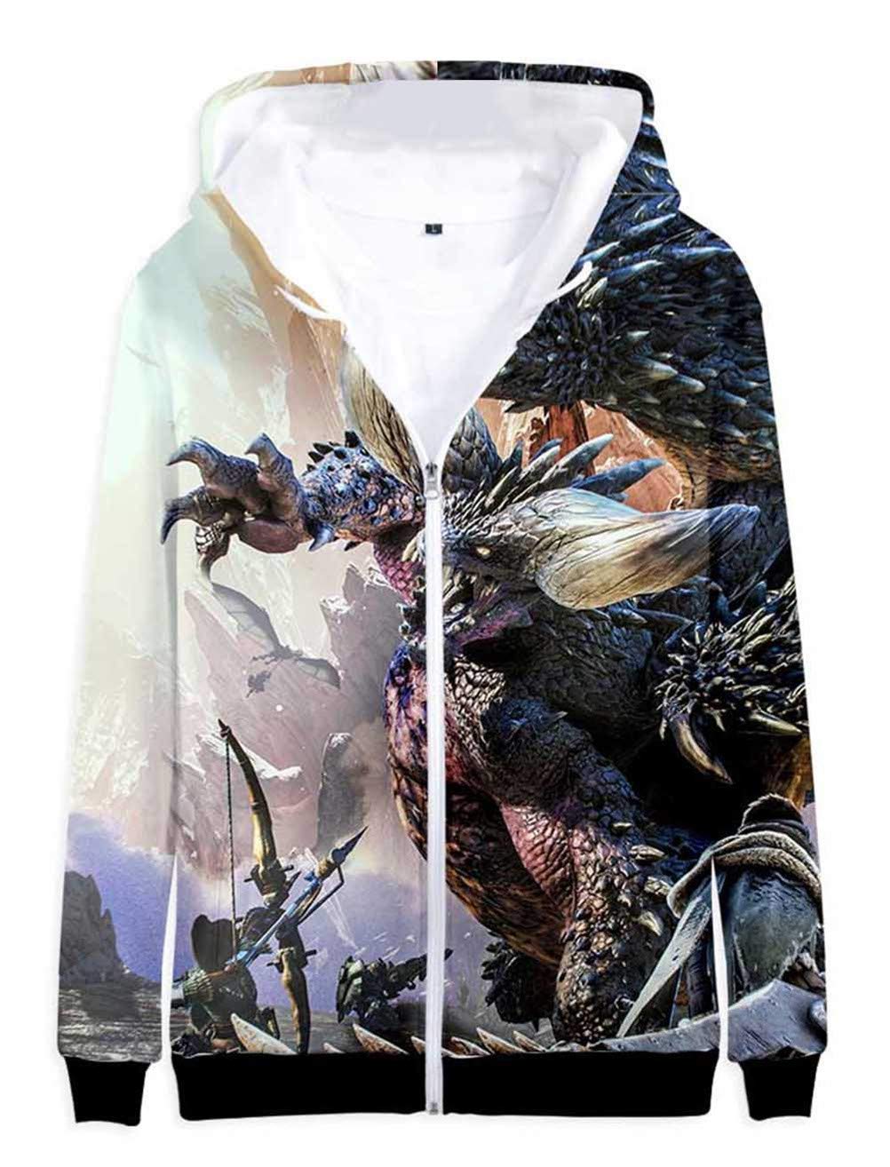 Monster Hunter 3D Printed Anime Hoodie - Zip Up Cosplay Jacket for Adults | Gaming Conventions, Halloween Costumes & Casual Streetwear