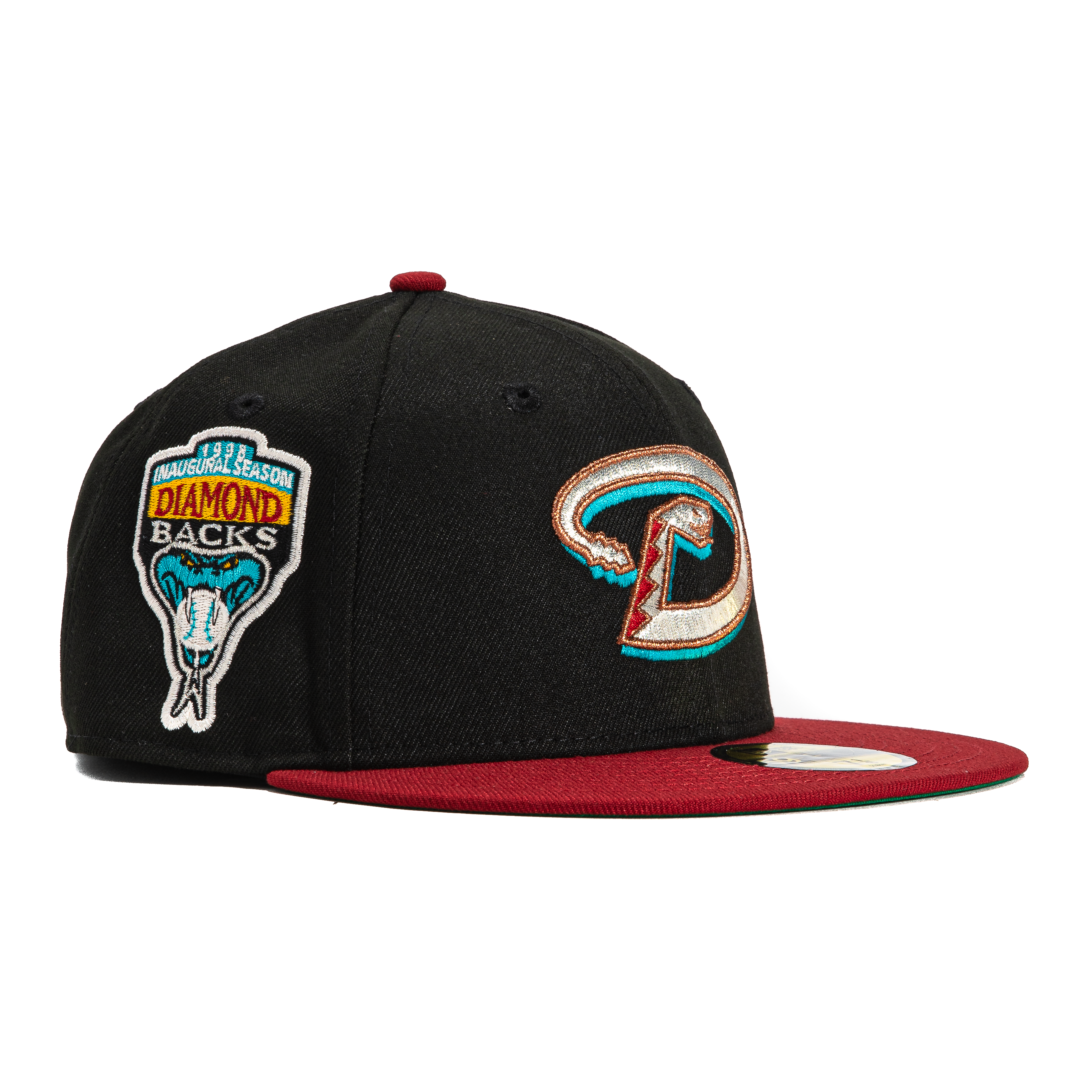New Era 59Fifty MLB Arizona Diamondbacks Inaugural Patch Snapback Hat - Black, Sedona Red, Metallic Silver - Official Baseball Cap for Fans & Streetwear Fashion
