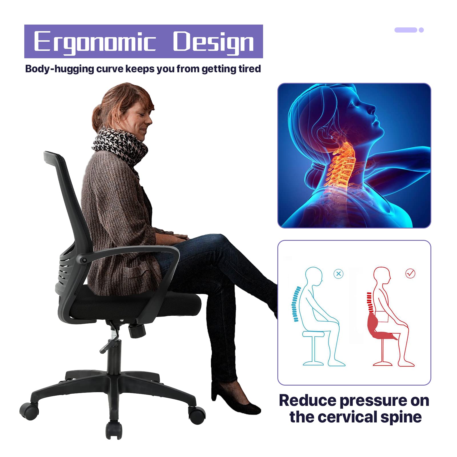 Ergonomic Mesh Office Chair with Lumbar Support & Adjustable Armrests - Heavy Duty Swivel Rolling Computer Desk Chair for Home Office, Study, or Gaming - Black