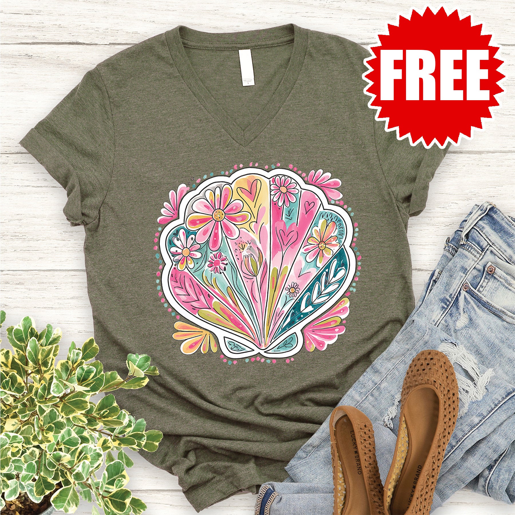 Clam V Neck T-Shirt for Women - Soft Heather Olive Cotton Tee - Casual Comfort Fit Top for Everyday Wear, Work, and Weekend Outings