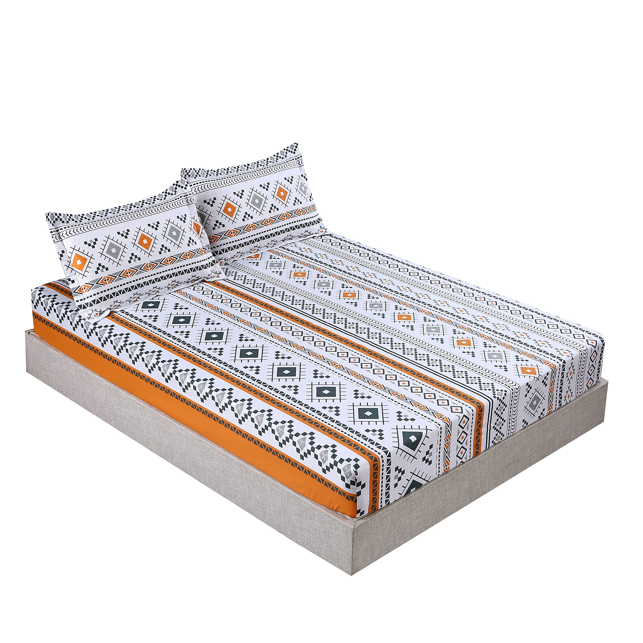 Boho Queen Bed Sheet Set - 3 Piece Orange Boho Bedding with 1 Fitted Sheet & 2 Pillowcases, 14