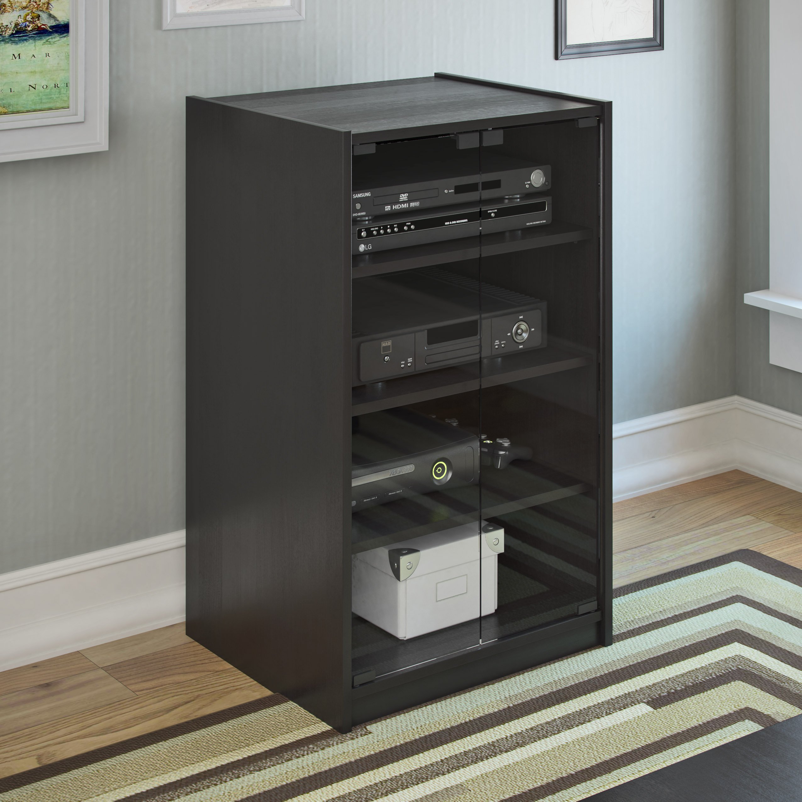 Corliving 4-Tier Media Stand with Adjustable Shelves - Black DVD Storage Cabinet with Tempered Glass Doors & Cable Management - Perfect for Living Room, Home Theater & Game Console Organization