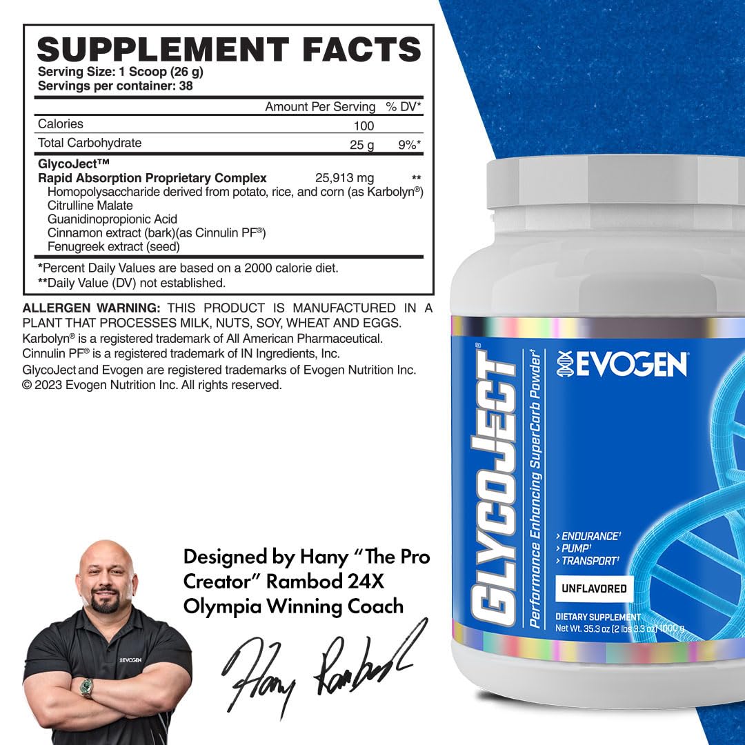 Evogen GlycoJect - Super Carb Powder | Fast Absorbing Carbohydrate Supplement for Workouts | Pre & Post Workout Energy Booster for Men & Women | Unflavored | 38 Servings | Ideal for Gym, Running & Endurance Training