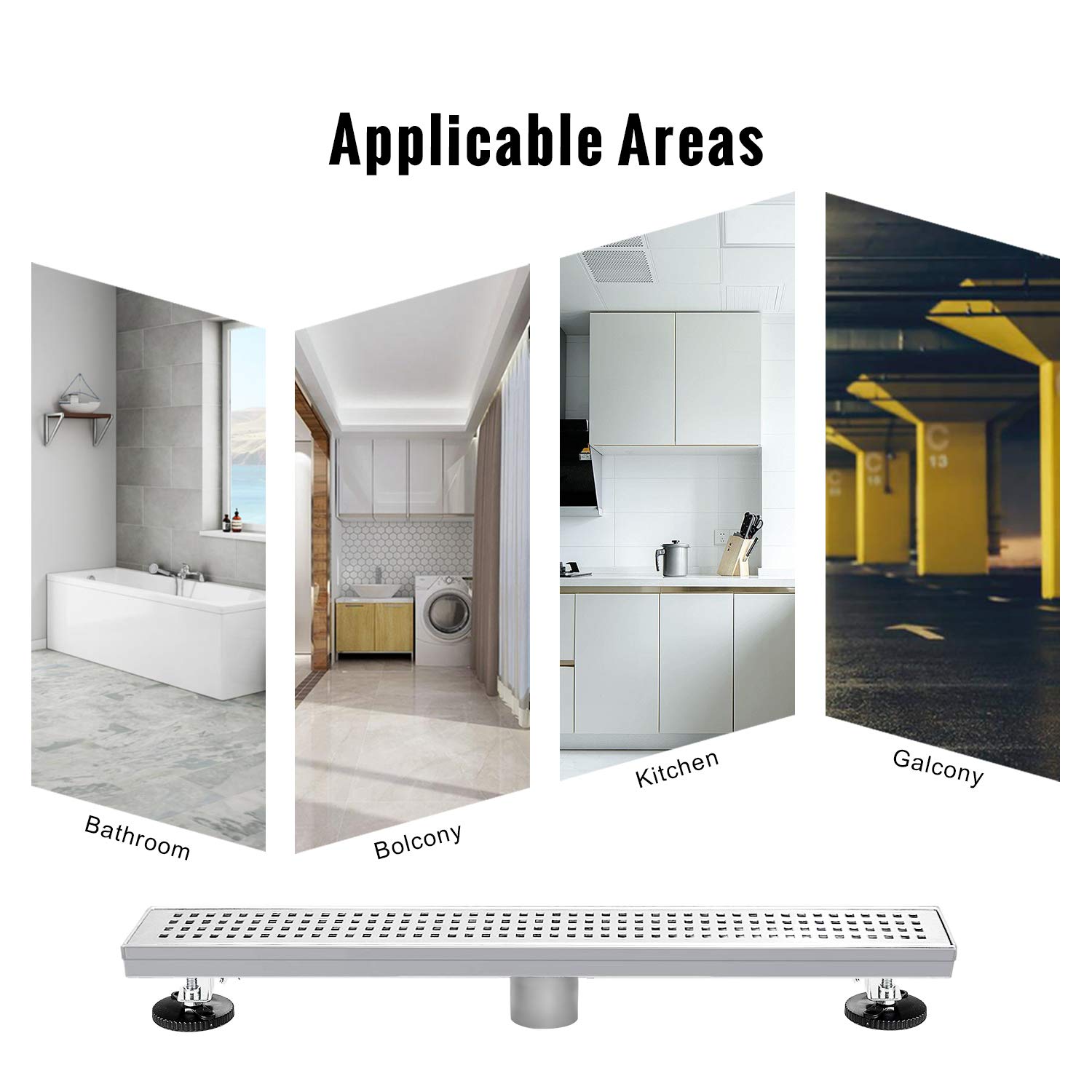 SaniteModar 60-Inch Linear Shower Drain - AISI 304 Brushed Stainless Steel with Removable Square Hole Panel, Adjustable Feet & Hair Catcher - Perfect for Modern Bathroom Renovations and Walk-In Showers