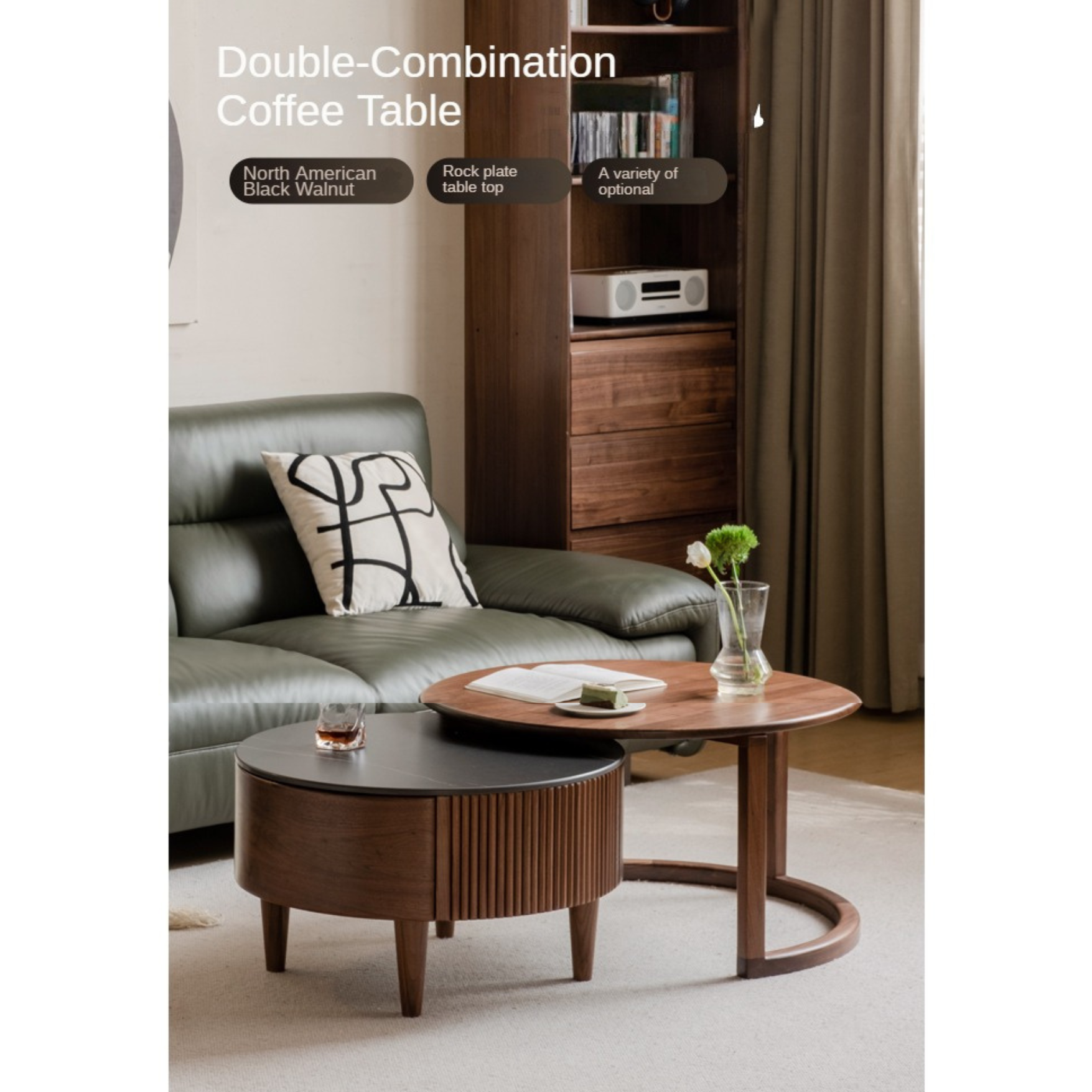 Premium Black Walnut & Ash Solid Wood Combination Rock Plate Coffee Table - Modern Living Room Furniture for Home Decor & Relaxation