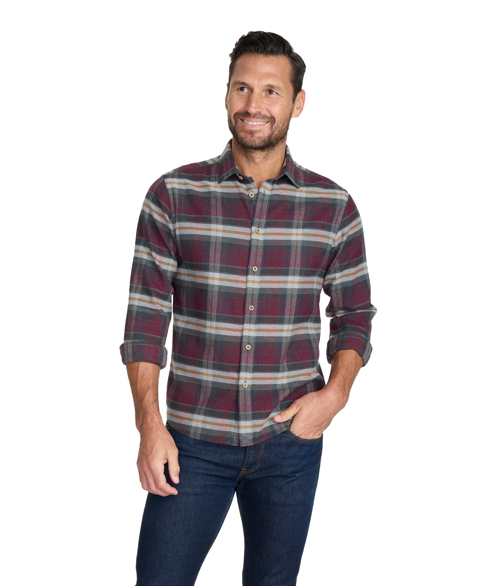 UNTUCKit Greyton Flannel Shirt for Men - Slim Fit Long Sleeve Dark Grey & Maroon Plaid Casual Button Down Shirt | Perfect for Office, Date Night and Fall Outfits