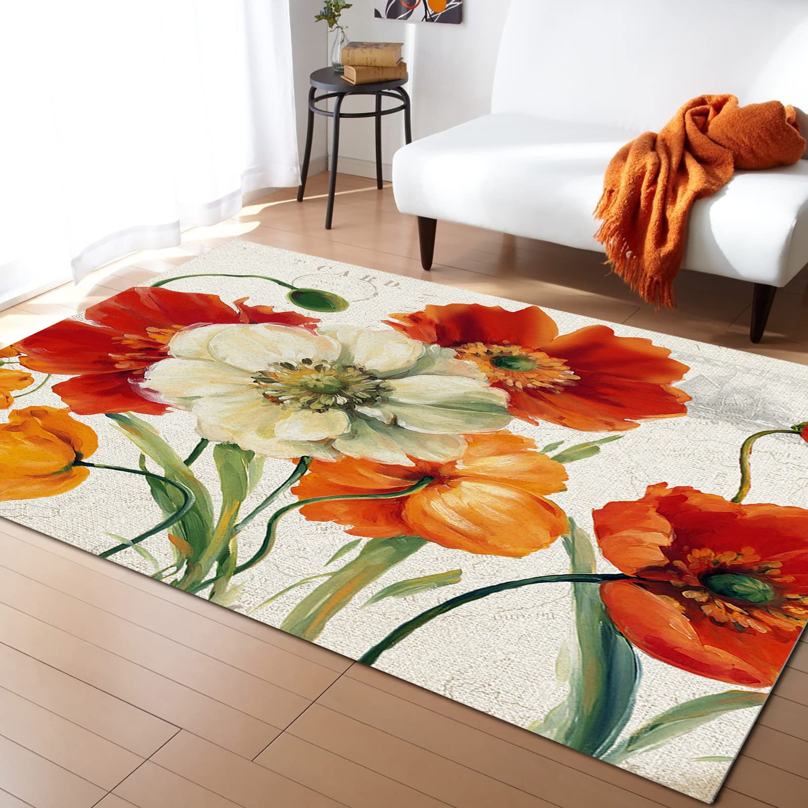 White Orange Red Floral Oil Painting Area Rug - Soft Fluffy Machine Washable Non-Slip Durable Decor Rug for Living Room Bedroom Study Dining Room | 6x8ft Modern Boho Home Decor Perfect for Cozy Spaces & Scandinavian Style Interiors