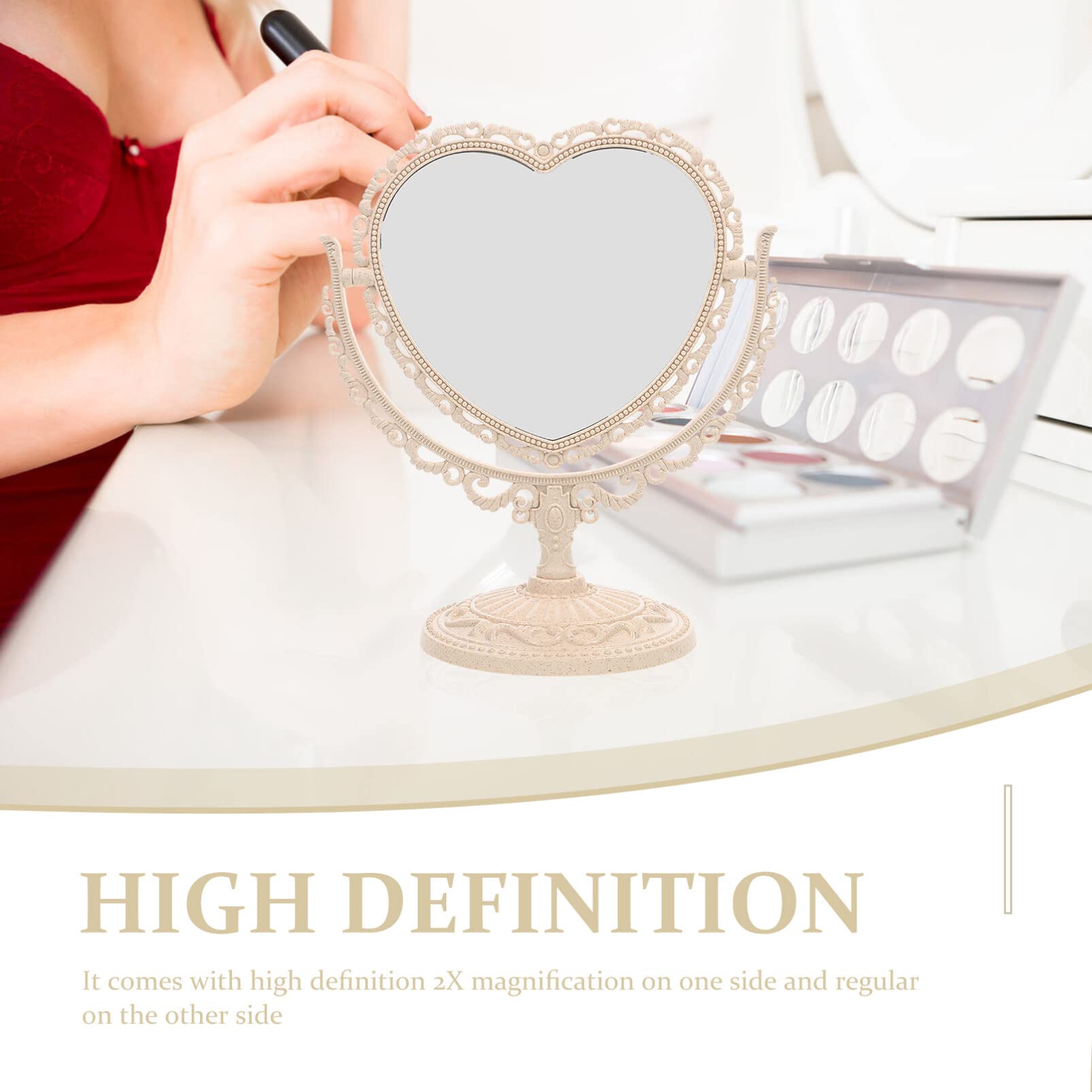 Beaupretty Heart Shaped Vanity Mirror - Double Sided 360° Rotating Makeup Mirror with Stand for Bathroom & Bedroom (Beige) | Perfect for Makeup Application, Skincare Routine, and Home Decor