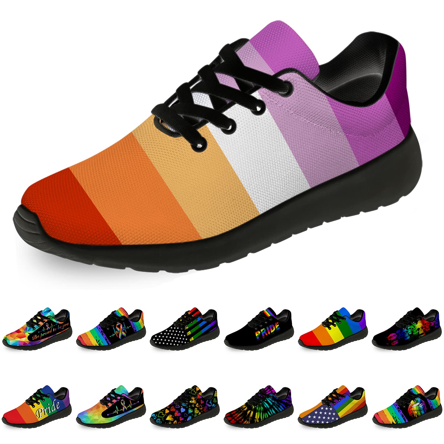 **LGBTQ Pride Running Shoes for Men & Women - Comfortable Walking & Tennis Sneakers with Sunset Lesbian Flag Design - Size 11.5 Men/14 Women - Black - Perfect for Pride Parades, Workouts & Casual Wear**