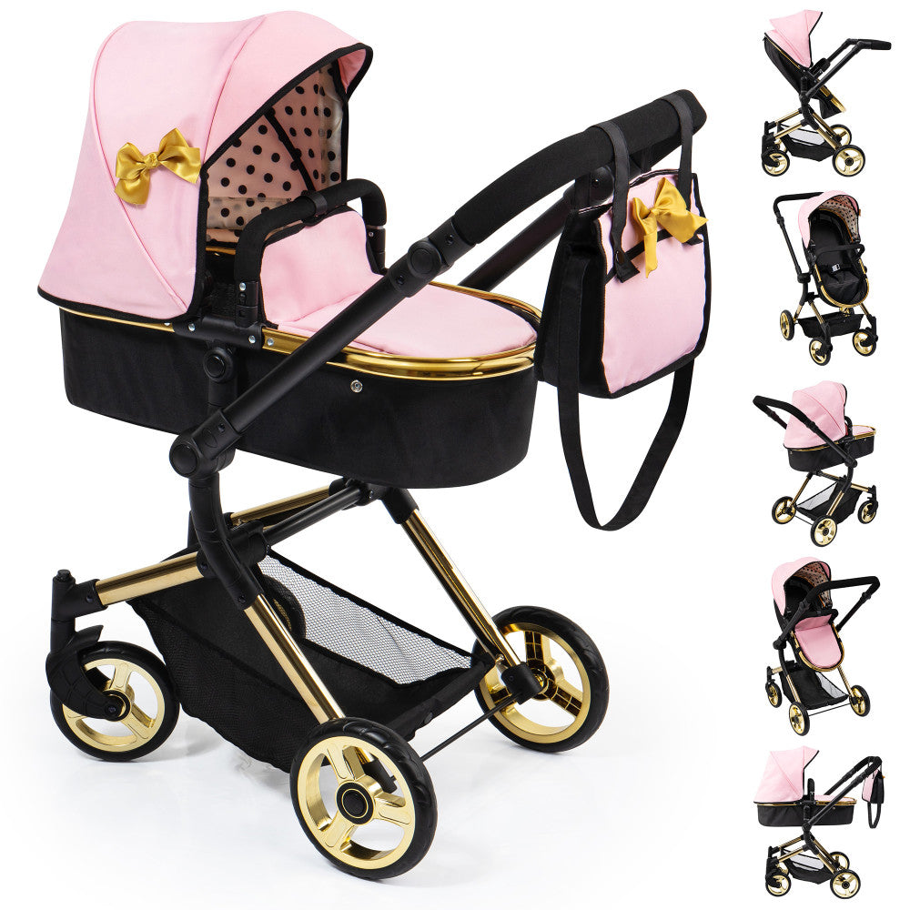 Bayer Design Neo Vario Combi Doll Stroller - Pink, Black & Gold Pushchair for Kids Age 3+ | Perfect for Pretend Play, Outdoor Walks & Doll Care Practice
