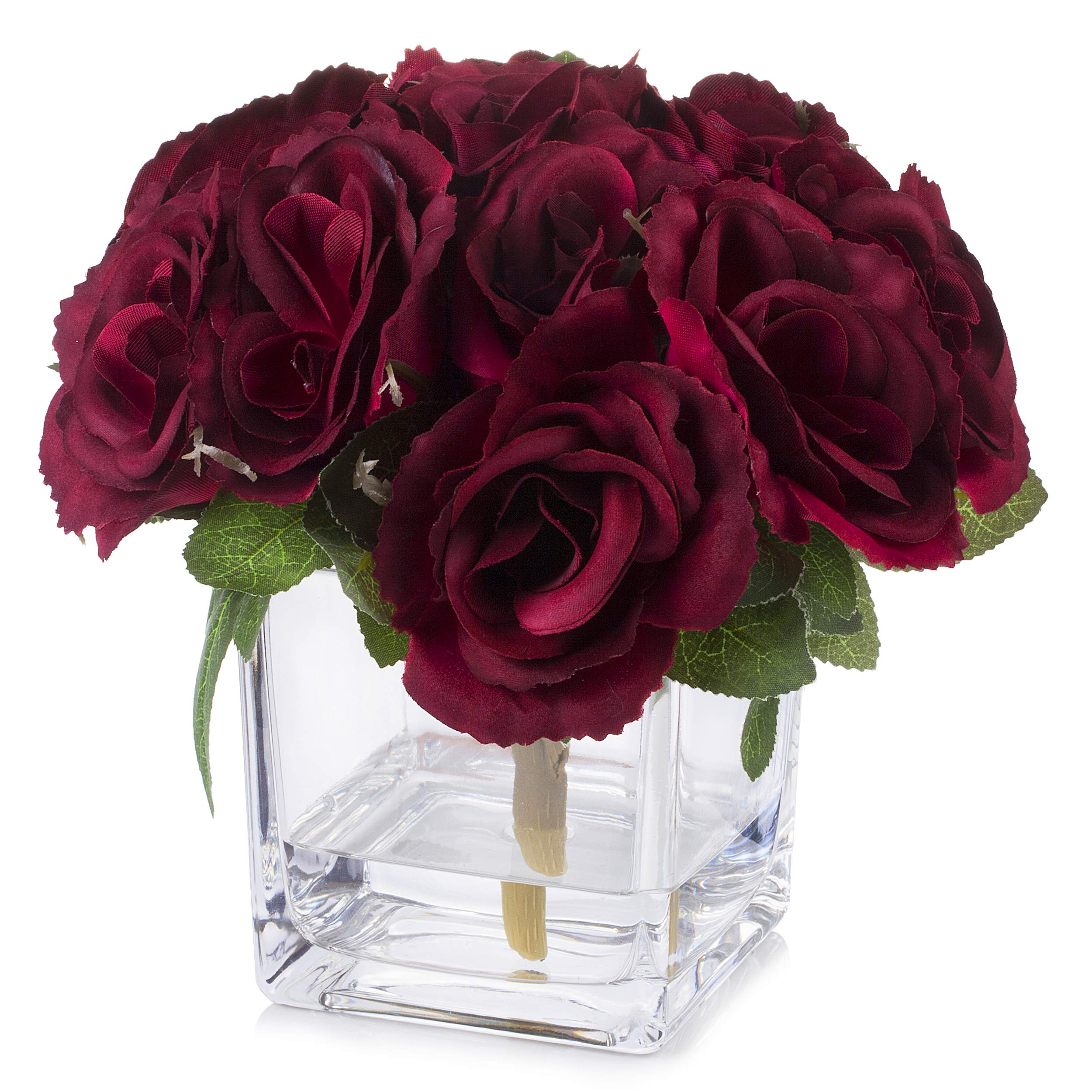 ENOVA HOME Burgundy Velvet Rose Flower Arrangement in Cube Glass Vase with Faux Water - Elegant Home & Office Decor for Tables, Desks, Shelves, and Wedding Centerpieces