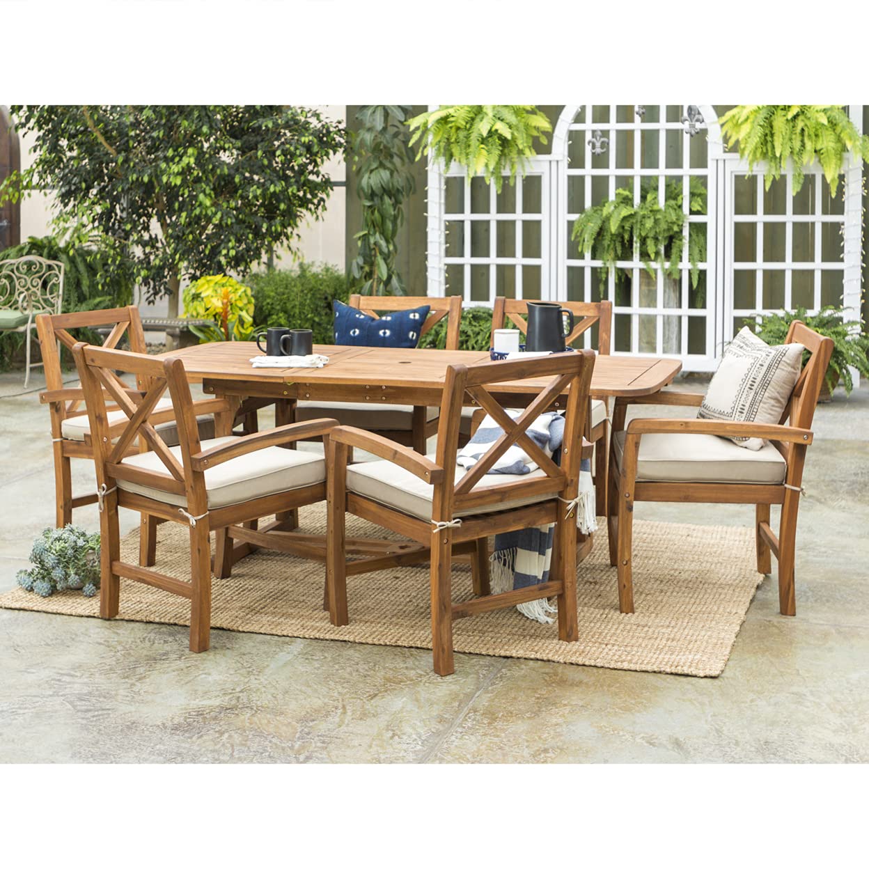 Walker Edison Delray Classic 7-Piece Acacia Wood Outdoor Dining Set with X-Back Chairs - Patio Furniture Set for Garden, Backyard, Poolside (Brown)