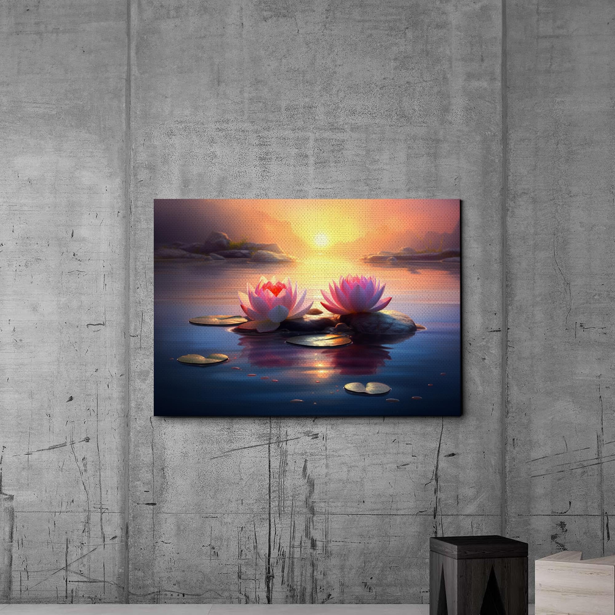 Zen Wall Art Canvas Print - Framed Zen Garden with Stone & Flower Design, Peaceful Water Sunset Meditation Decor for Yoga Studio, Home & Office - Perfect for Relaxation & Mindfulness Spaces