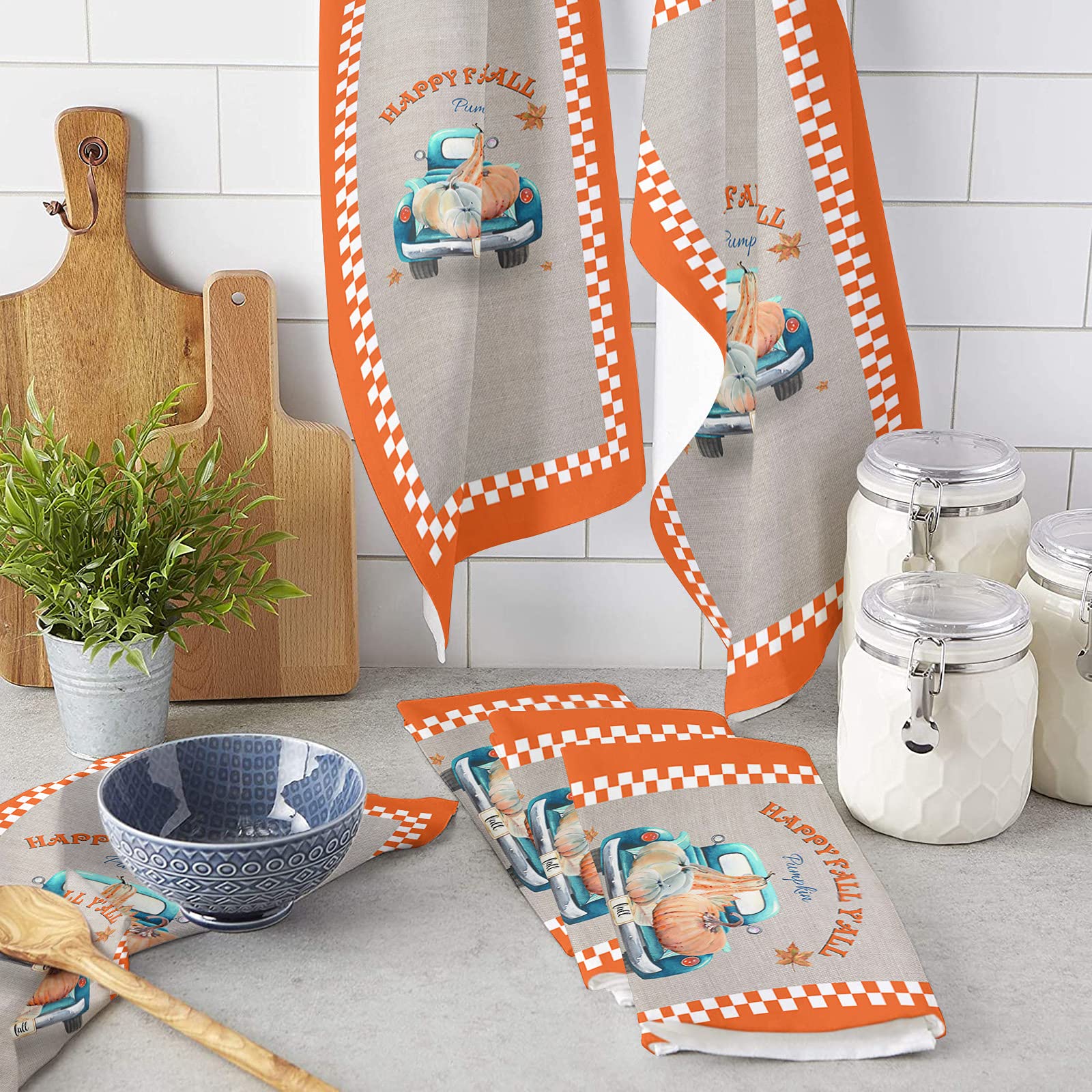 Premium Absorbent Kitchen Dish Towels & Dishcloths Set - Blue Truck Pumpkin Thanksgiving Theme, 18x28 Inches, with Hanging Loop - Perfect for Home Cleaning, Drying Dishes & Holiday Decor (Orange White Plaid Checkered Pattern)