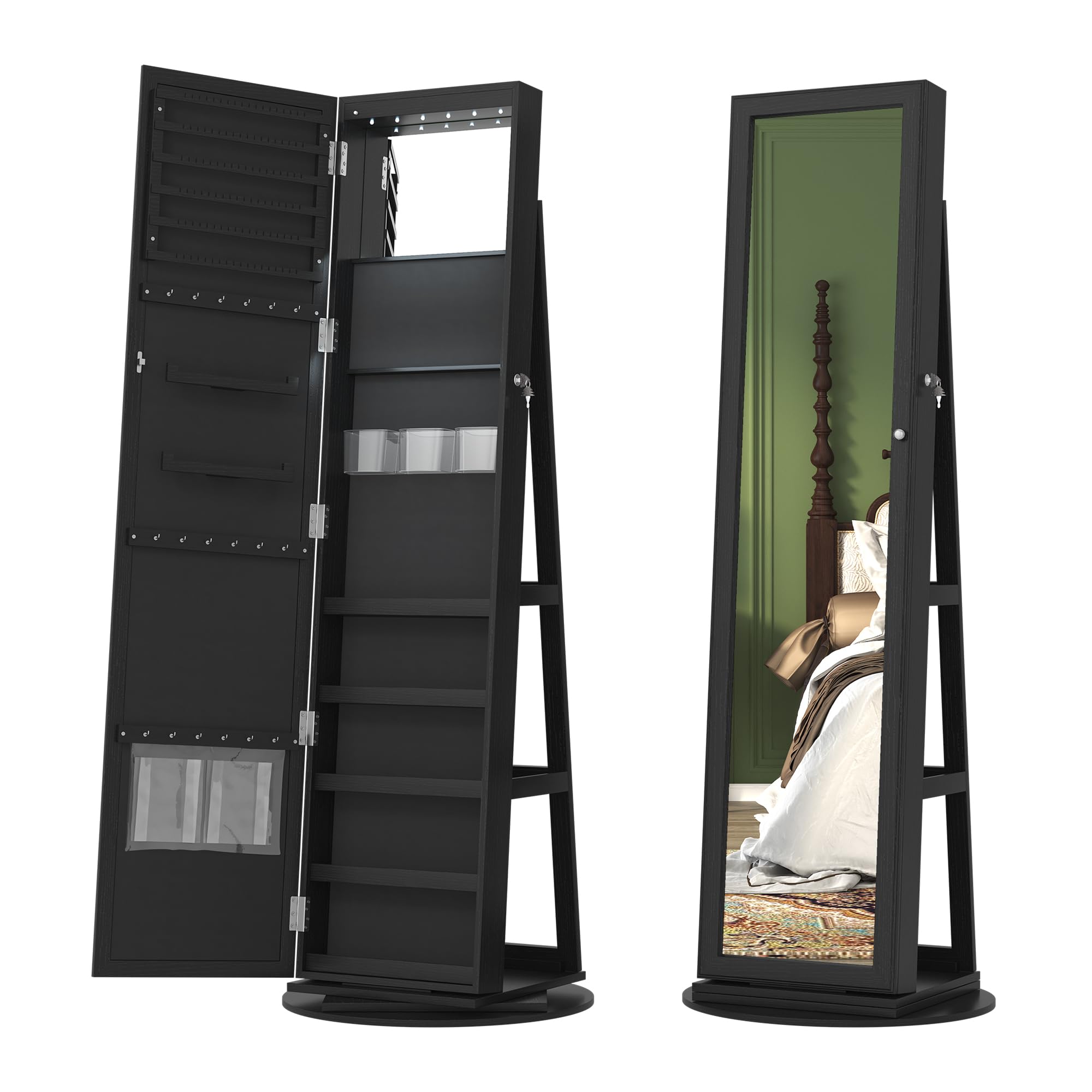 360° Swivel LED Jewelry Cabinet with Full Length Mirror - Jewelry Organizer & Storage Armoire, Farmhouse Style Lighted Vanity Mirror for Bedroom & Dressing Room (Coal Black) | Perfect for Jewelry Display, Makeup & Outfit Coordination
