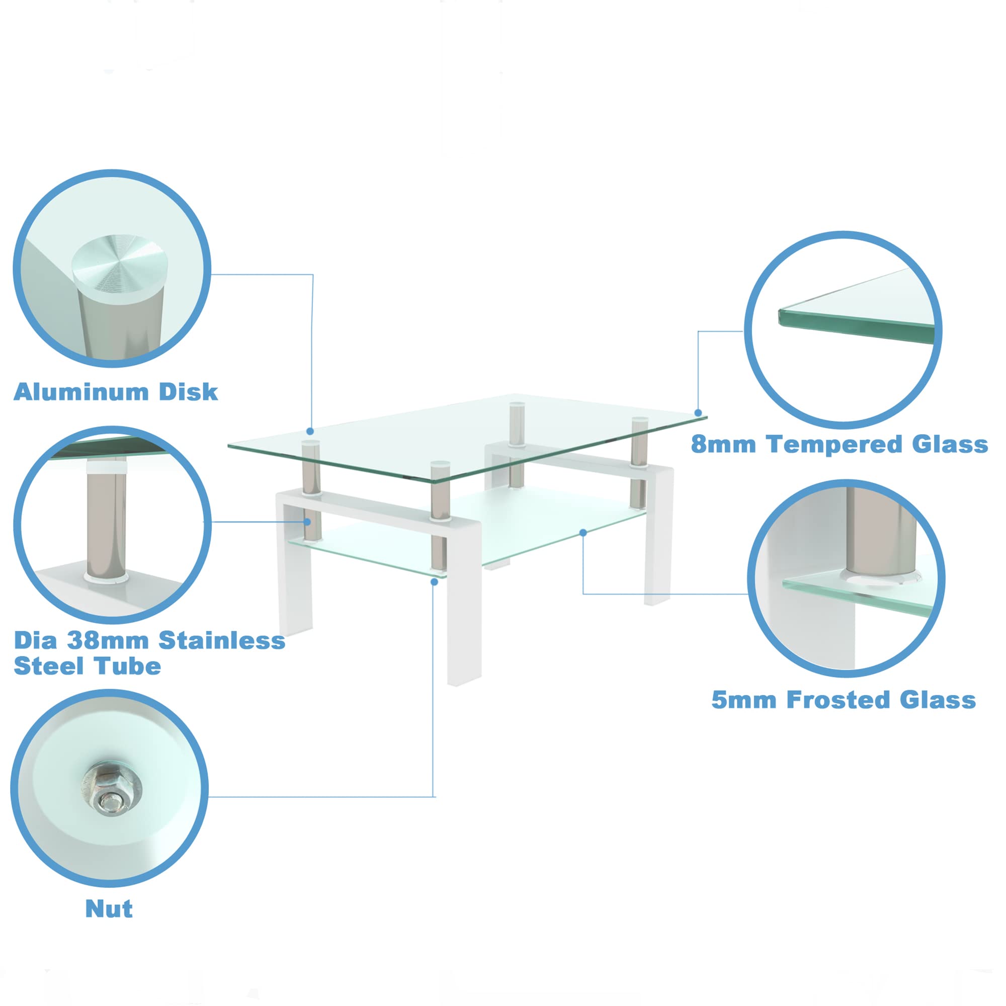 Modern White Glass Coffee Table with Metal Legs and Lower Shelf - Rectangle Living Room Side Table for Home Decor, Office, or Lounge Use