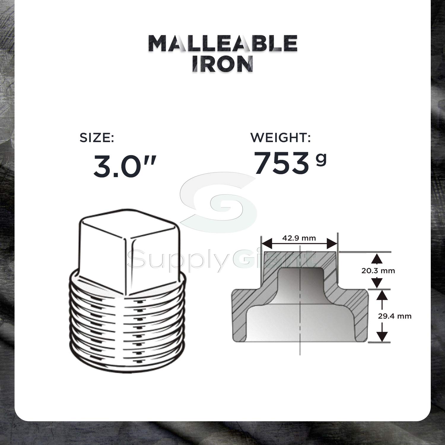 CNQM5000 Black Malleable Iron Plug with Square Head, 3/4 Inch NPT - Durable Plumbing Fitting for Water & Gas Lines, Industrial & Home Use