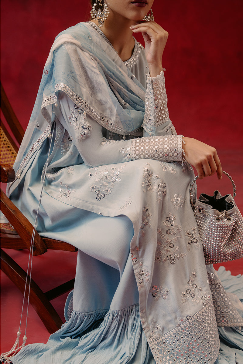 MAJESTIC AZURE 3-Piece Silk Embroidered Suit for Women | Luxury Formal Wear | Wedding, Party & Special Occasion Outfit