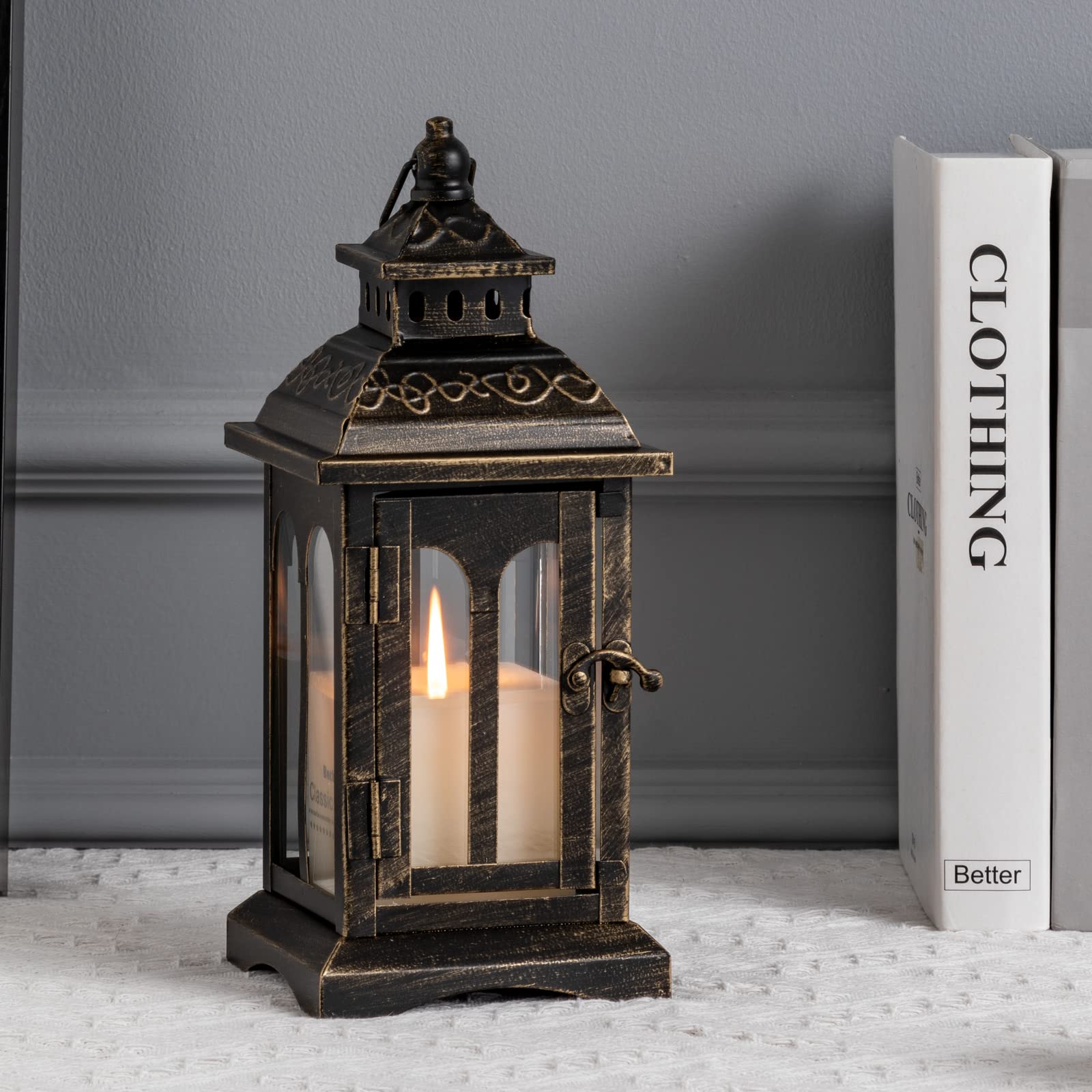 Vintage Metal Hanging Candle Lantern - Black with Copper Brush Finish, Medium Size for Outdoor Patio, Garden, Wedding & Party Decor | Spring Home Decoration | Rustic Farmhouse & Vintage Style Lighting
