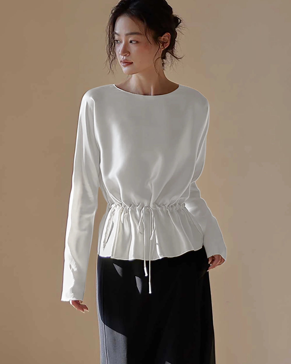 Elegant Drawstring Waist Silk Blouse for Women - Soft & Luxurious Long Sleeve Tops - Perfect for Office, Date Night & Special Occasions