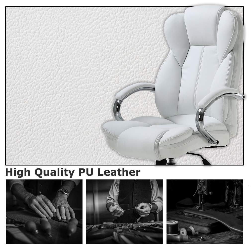 Ergonomic Office Chair - Adjustable High Back PU Leather Computer Desk Chair with Lumbar Support, Swivel & Rolling Wheels for Home/Office Use - Comfortable Executive Task Chair for Women & Men (White)