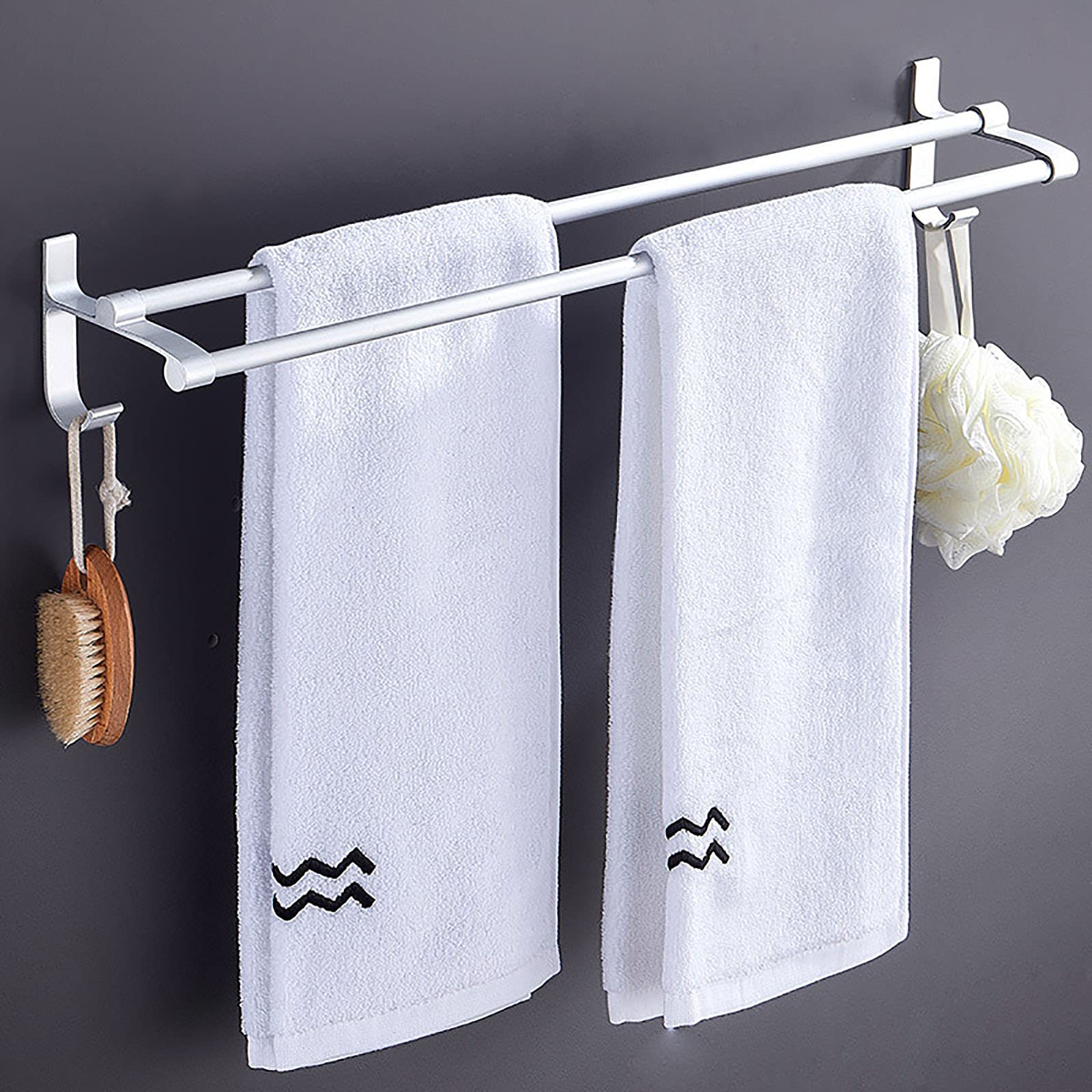 Premium Aluminum Wall Mounted Bathroom Shelves - Double Pole Towel Rack with Hooks for Bathroom Organization | Rustproof Space-Saving Storage Solution for Towels, Robes & Toiletries | Perfect for Small Bathrooms, Apartments & RV Showers