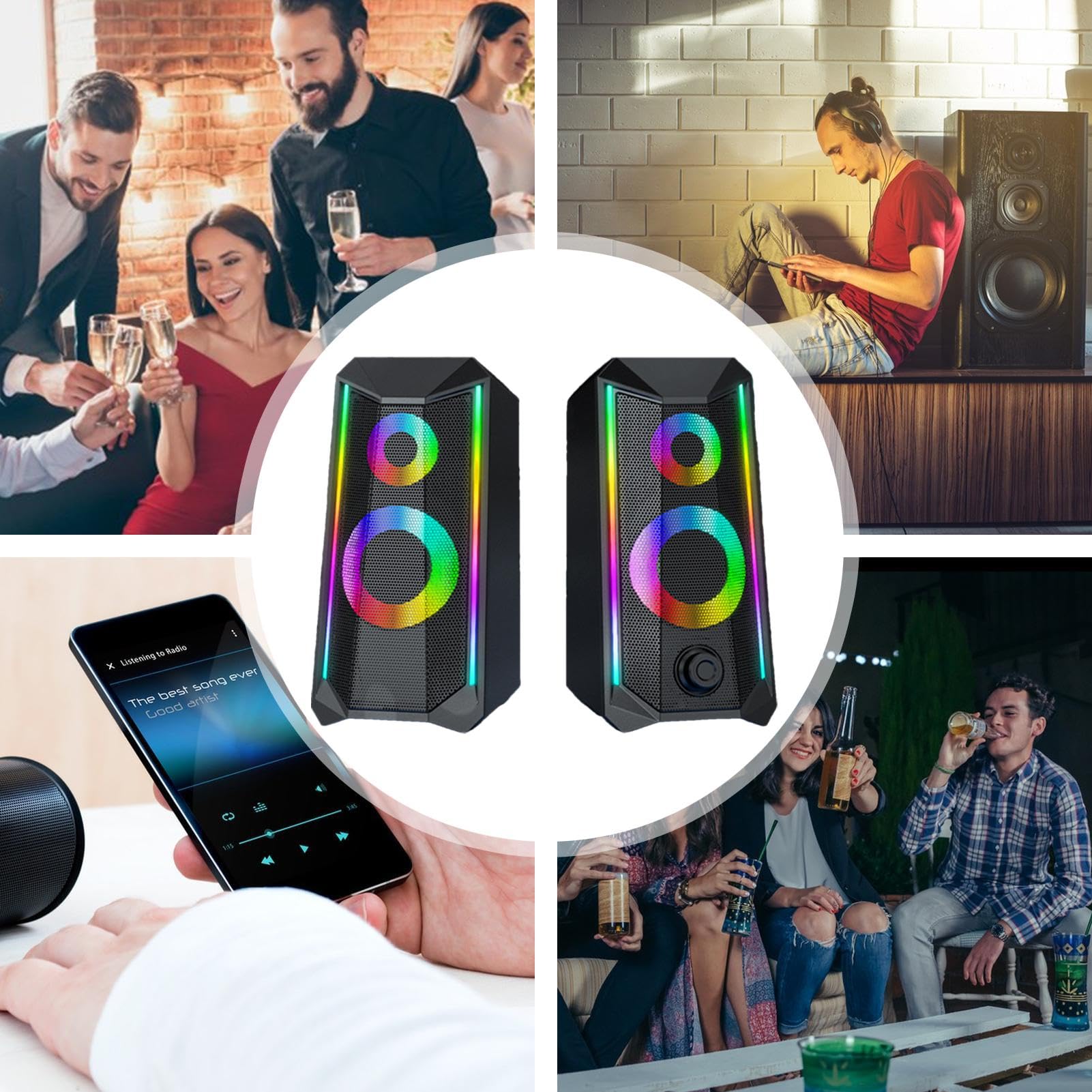Buerfu RGB PC Speakers with Adjustable Volume Control - Enhanced Sound Quality for Gaming, Music, and Movies | Perfect RGB Desktop Speakers for Home Office and Gaming Setup