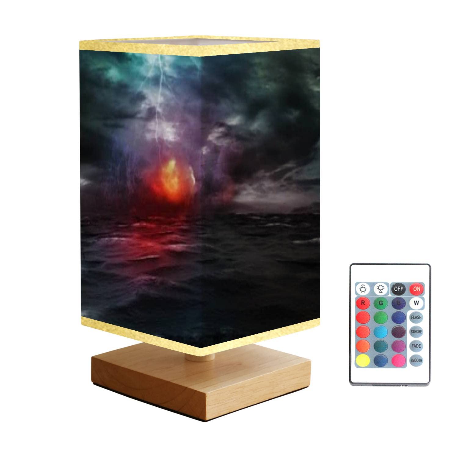 3D Wooden Base Stormfire & Viking Ship Square Bedside Table Lamp - Dimmable Nightstand Lamp with Flaxen Fabric Shade for Bedroom, Living Room - Perfect for Reading, Relaxing & Creating Cozy Ambiance