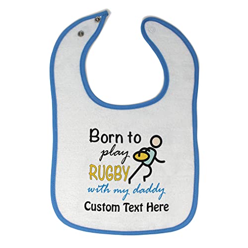 Custom Baby Bibs & Burp Cloths - Personalized 'Born to Play Rugby with Daddy' Cotton Bib Set for Toddler Boys & Girls - White & Blue with Custom Text - Perfect for Father's Day Gifts, Newborn Essentials & Rugby-Themed Nursery Decor